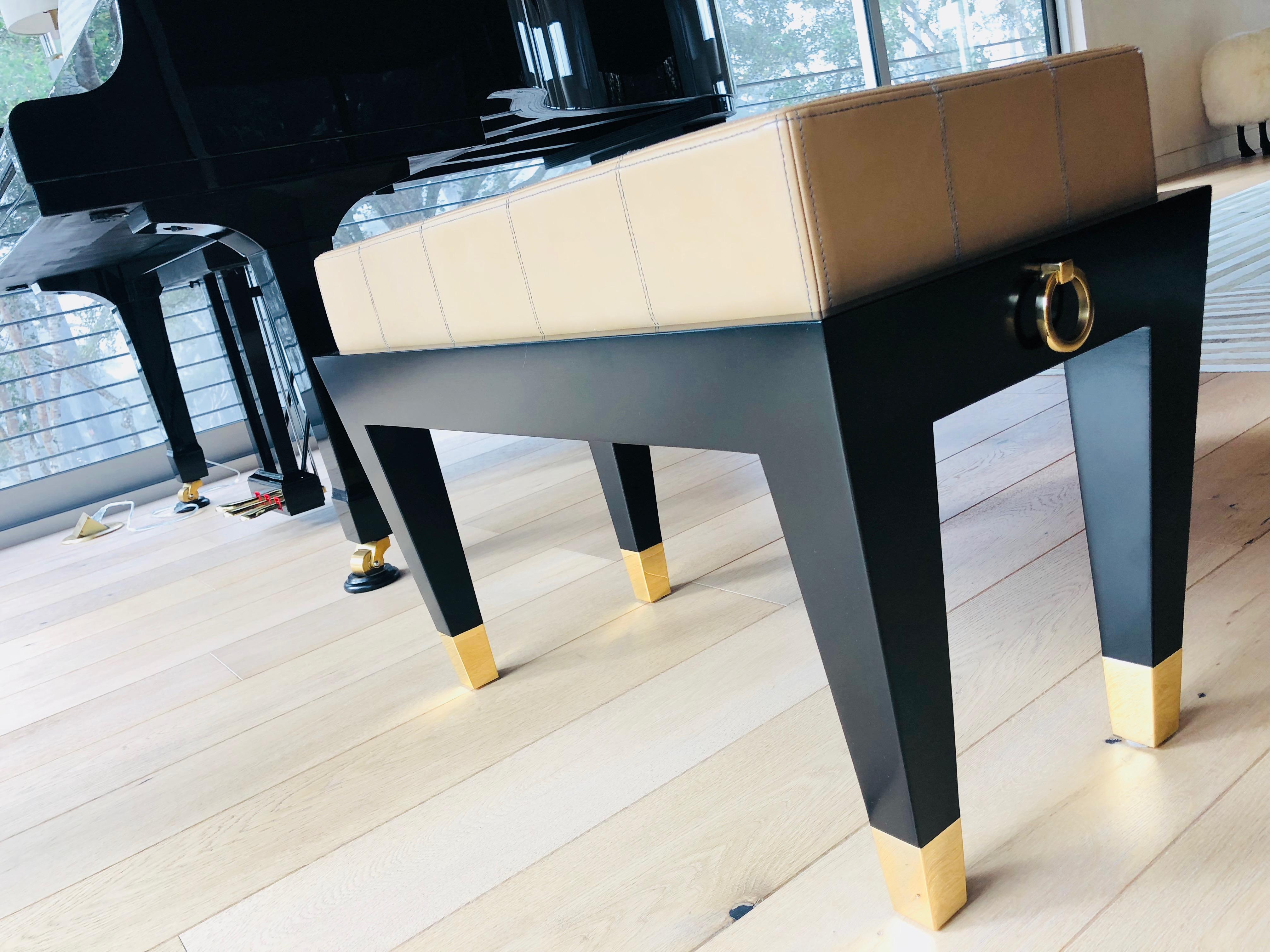 Custom Black Lacquer Piano Bench with Gold Rings Detail For Sale 1