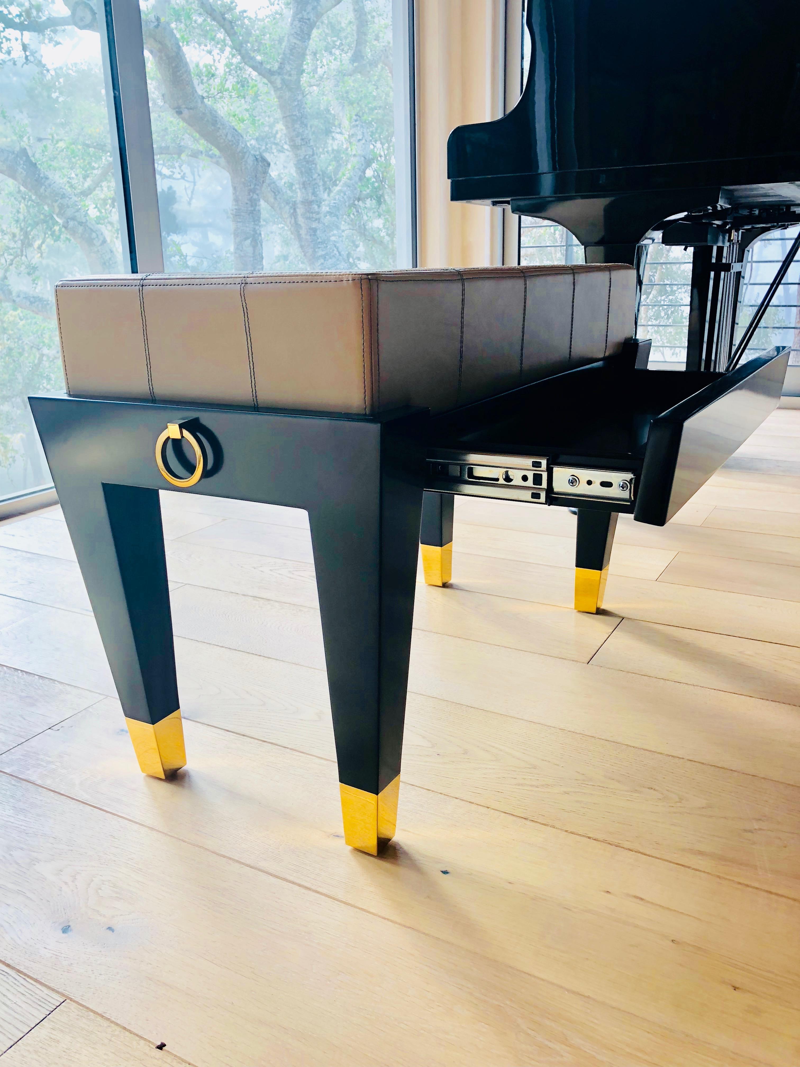 Custom Black Lacquer Piano Bench with Gold Rings Detail For Sale 2