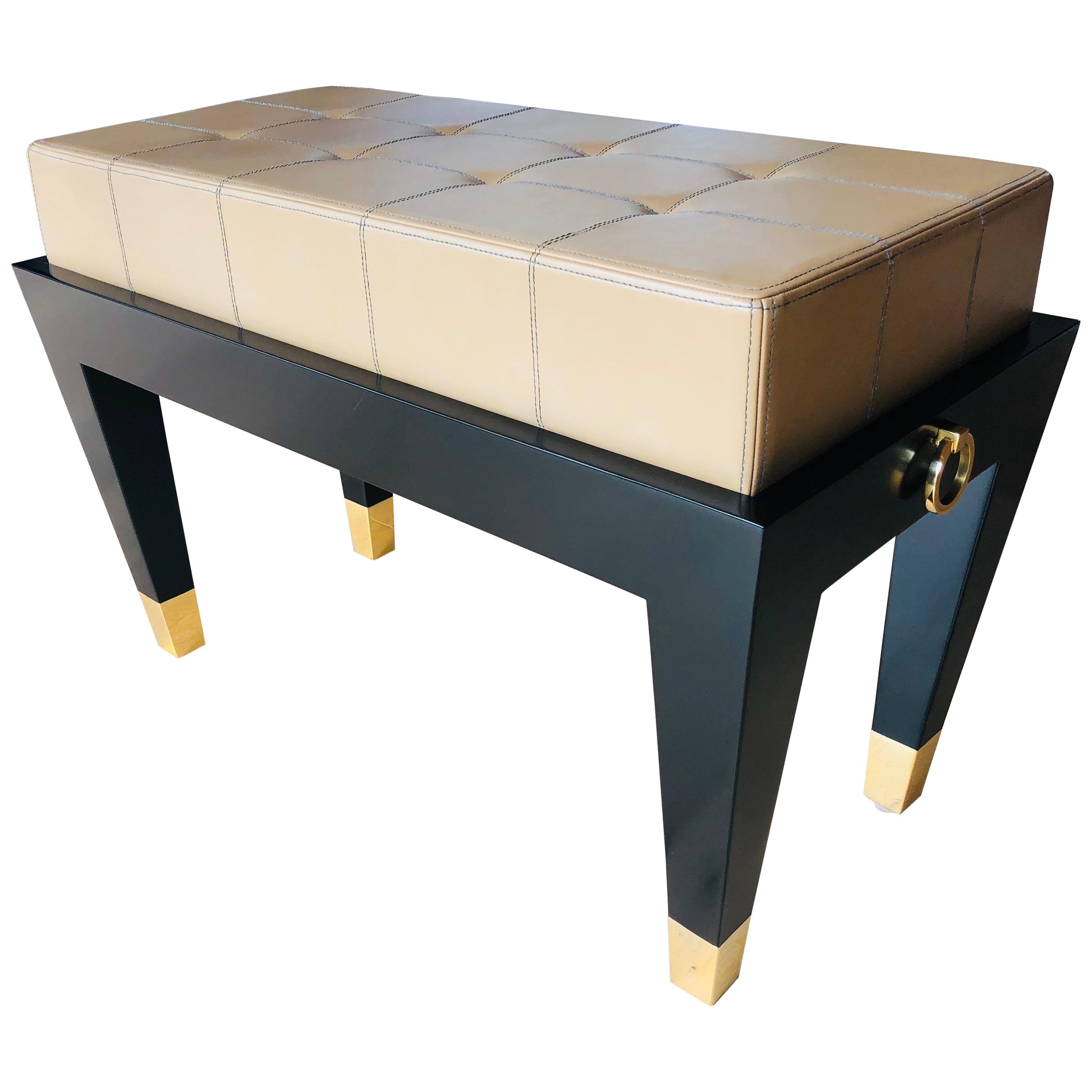 Custom Black Lacquer Piano Bench with Gold Rings Detail For Sale