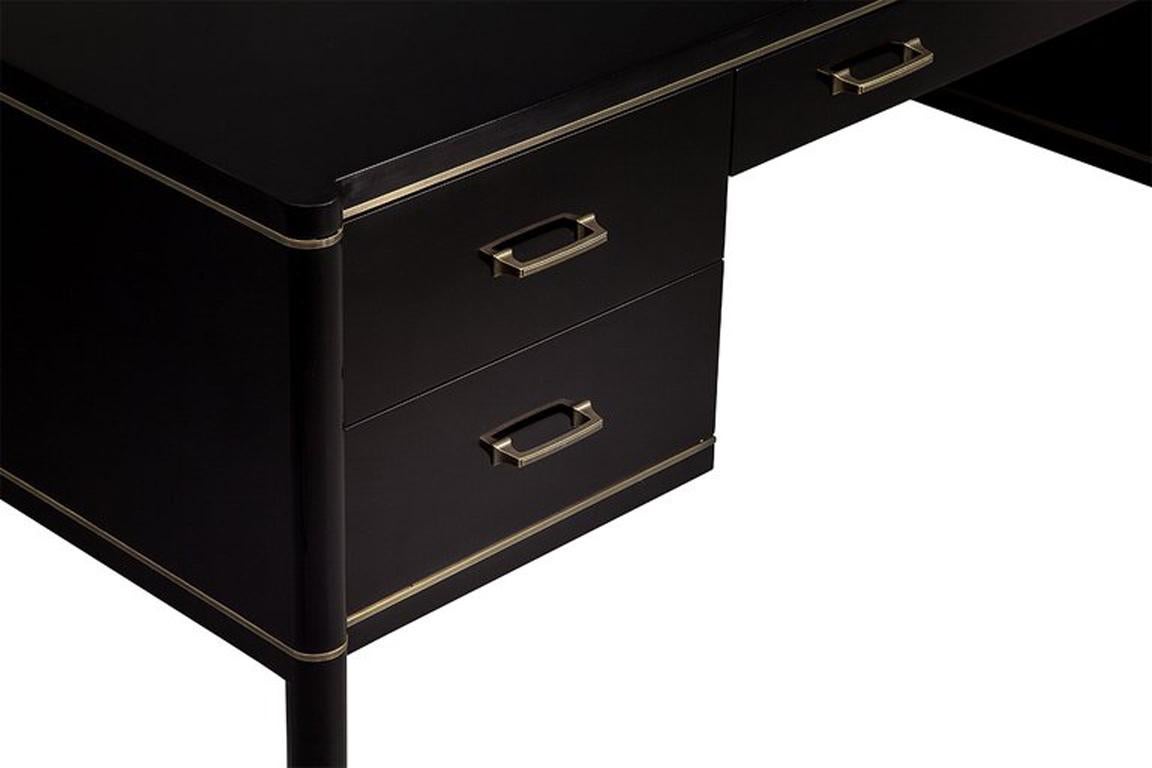 Wood Custom Black Lacquered Office Writing Desk with Brass Inlay by Carrocel For Sale