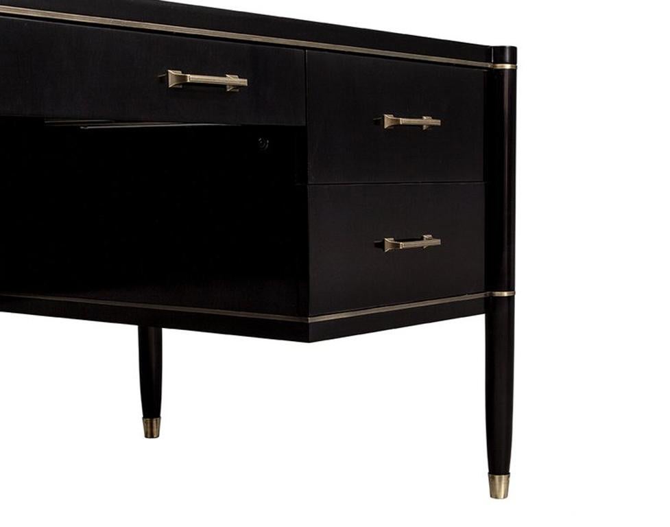Canadian Custom Black Lacquered Office Writing Desk with Brass Inlay by Carrocel For Sale