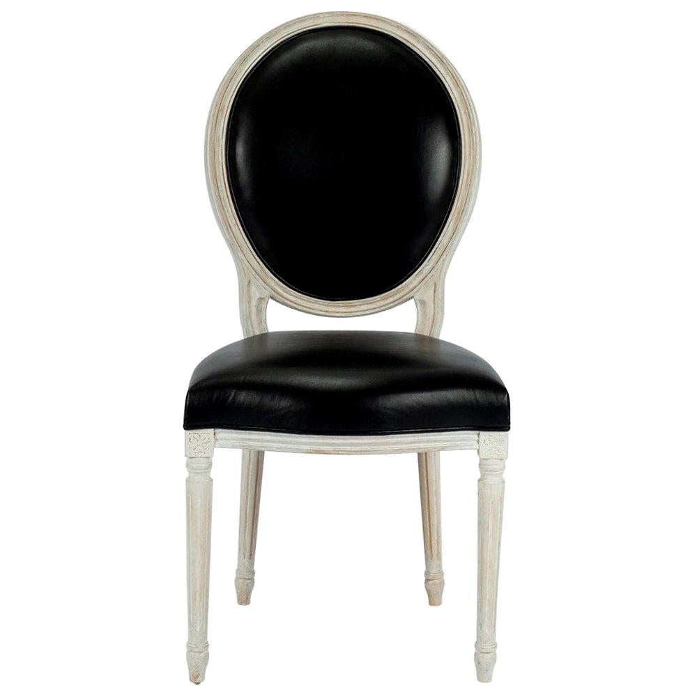 Custom Black Leather Louis XVI Oval Back Chair For Sale