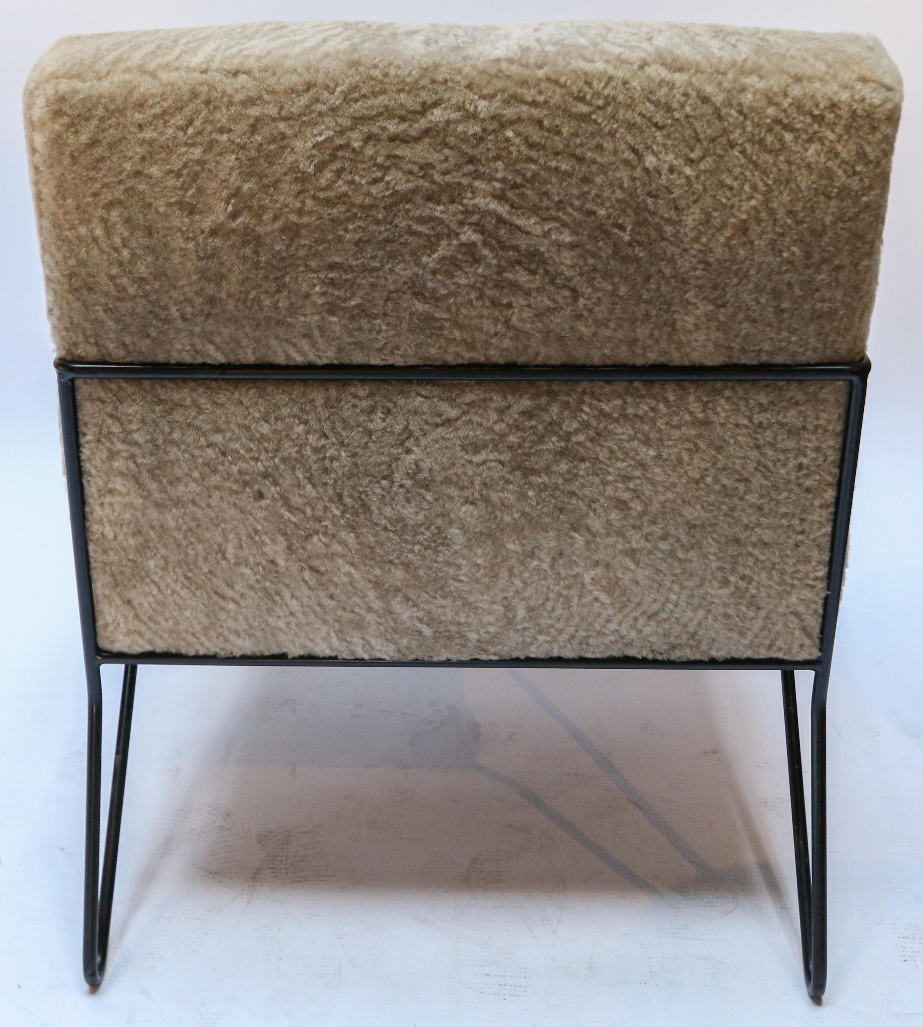American Custom Black Metal Armchairs in Tan Sheepskin by Adesso Imports For Sale