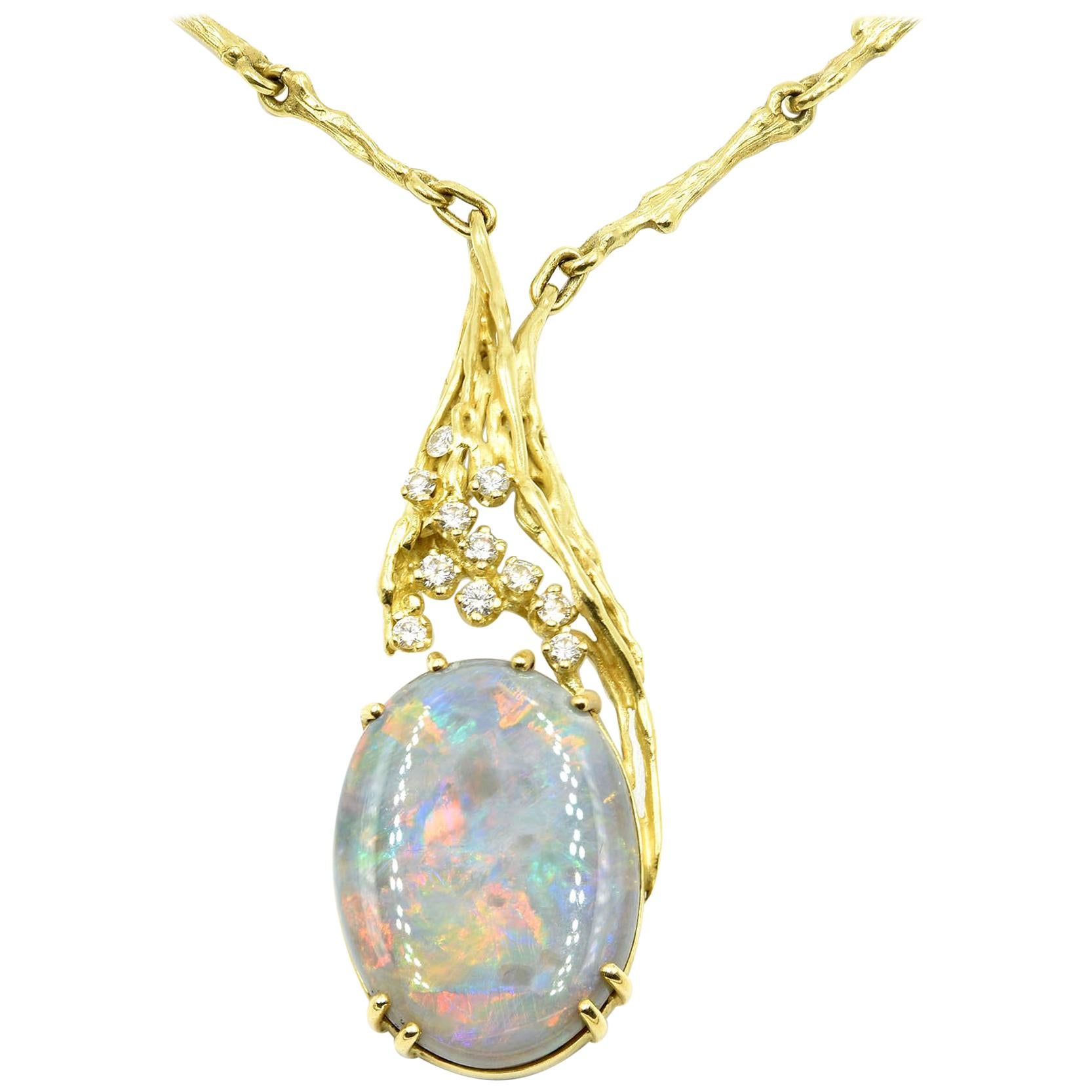 Custom Black Opal and Diamond 18 Karat Yellow Gold Necklace