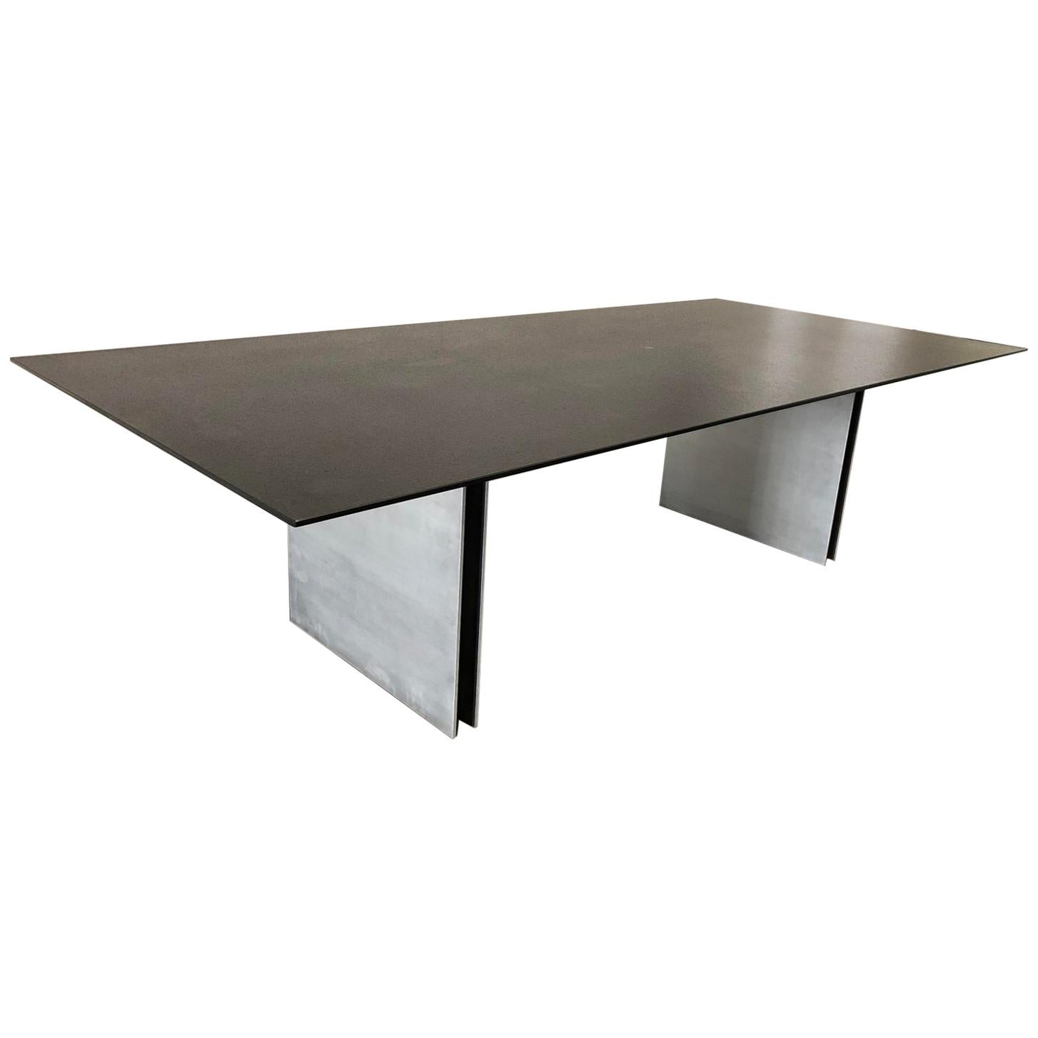 Custom Black Top Steel Pedestal Dining Table For Sale