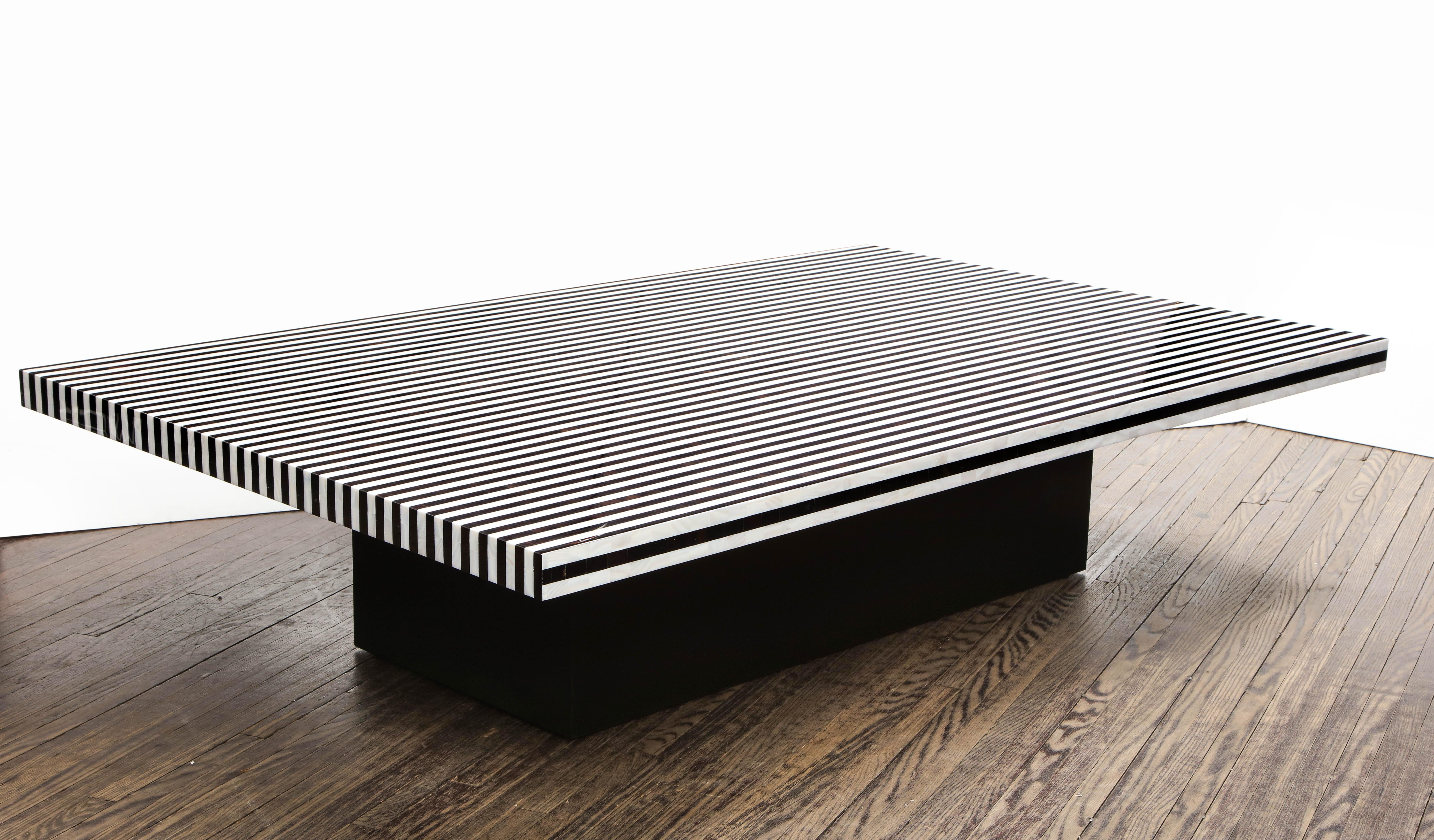 Custom black and white shell stripe marquetry table. Custom orders are available for different sizes.