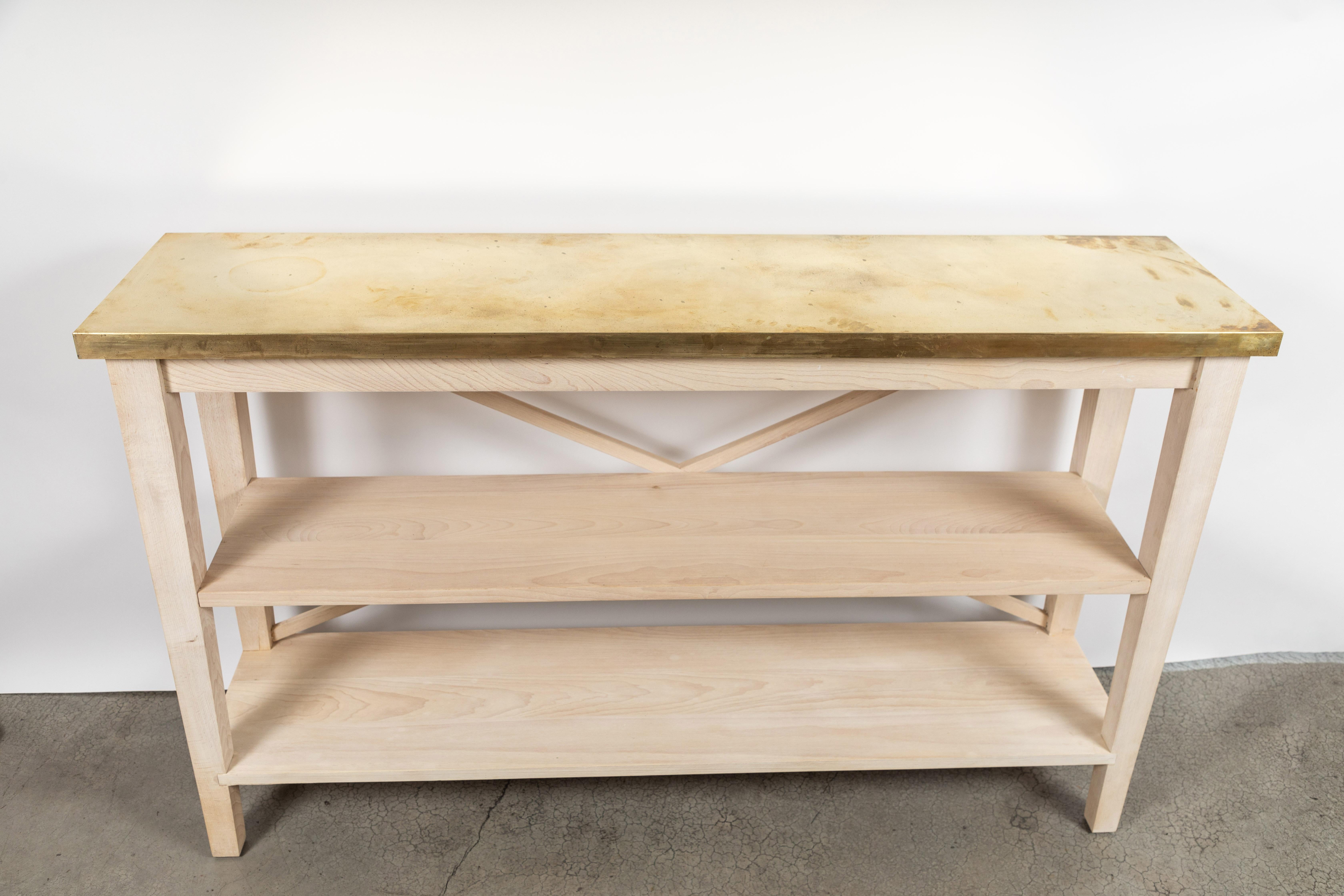 American Custom Bleached Beechwood 3-Tier Console Table with Aged Brass Top