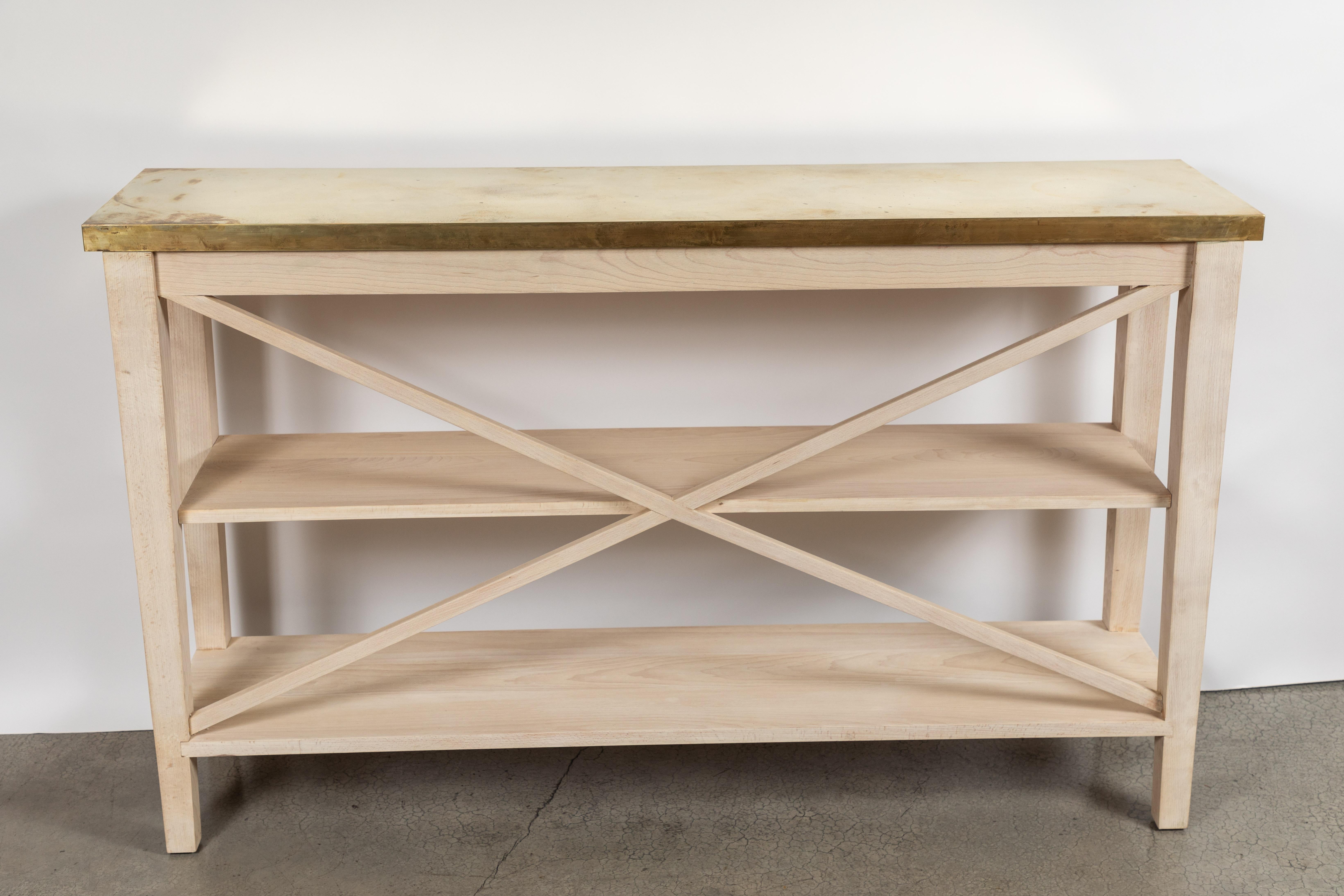 Custom Bleached Beechwood 3-Tier Console Table with Aged Brass Top 1