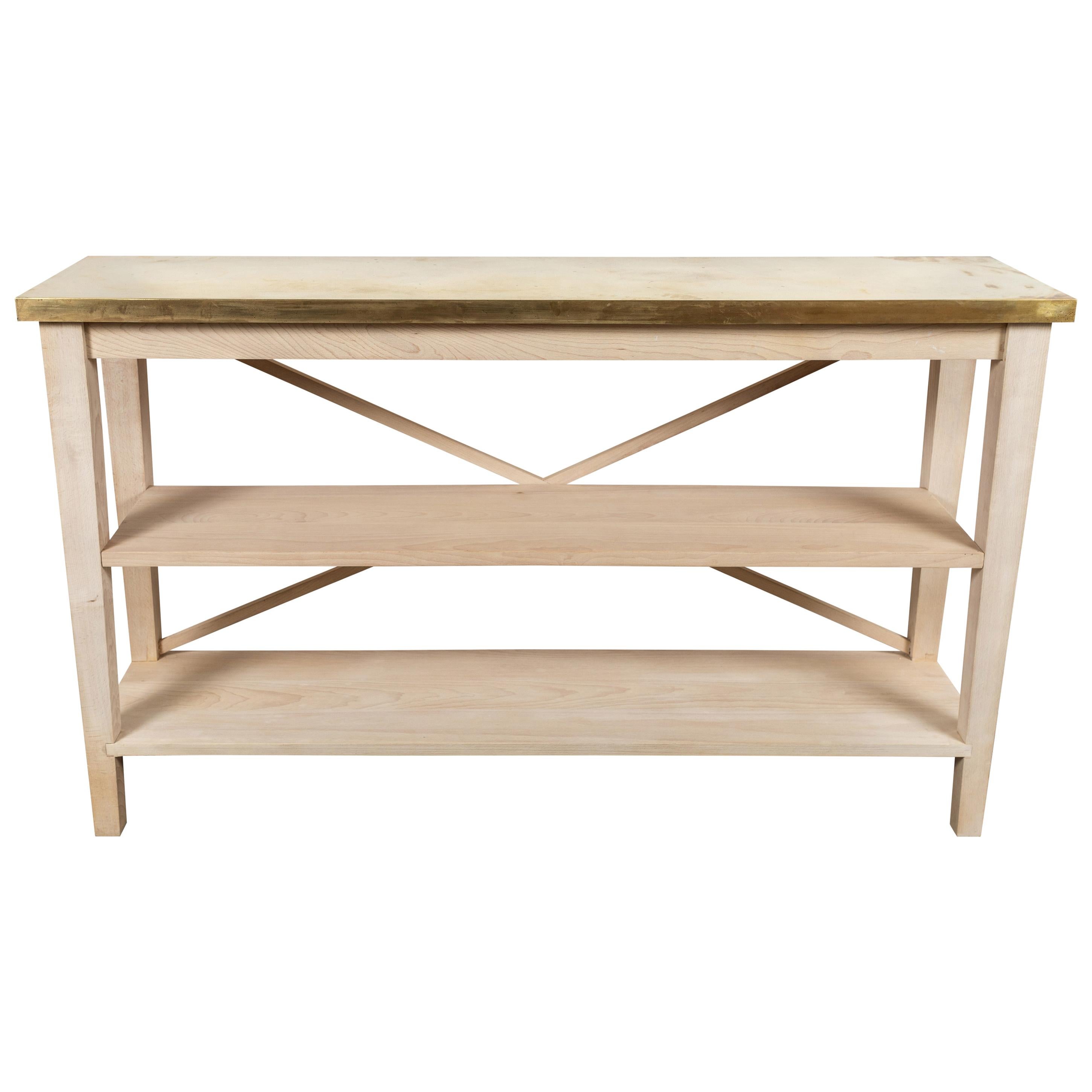 Custom Bleached Beechwood 3-Tier Console Table with Aged Brass Top