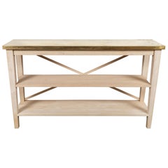 Custom Bleached Beechwood 3-Tier Console Table with Aged Brass Top