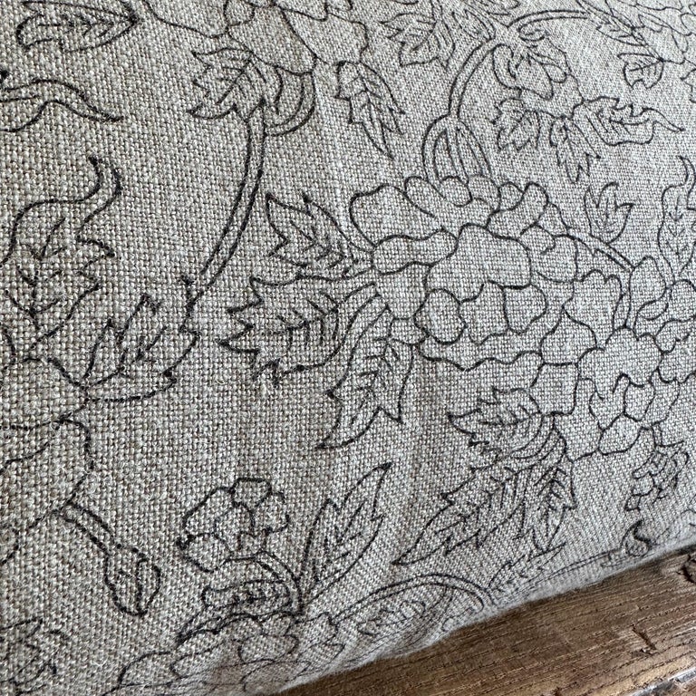 Custom Block Printed Natural Linen Lumbar Pillow Natural For Sale at