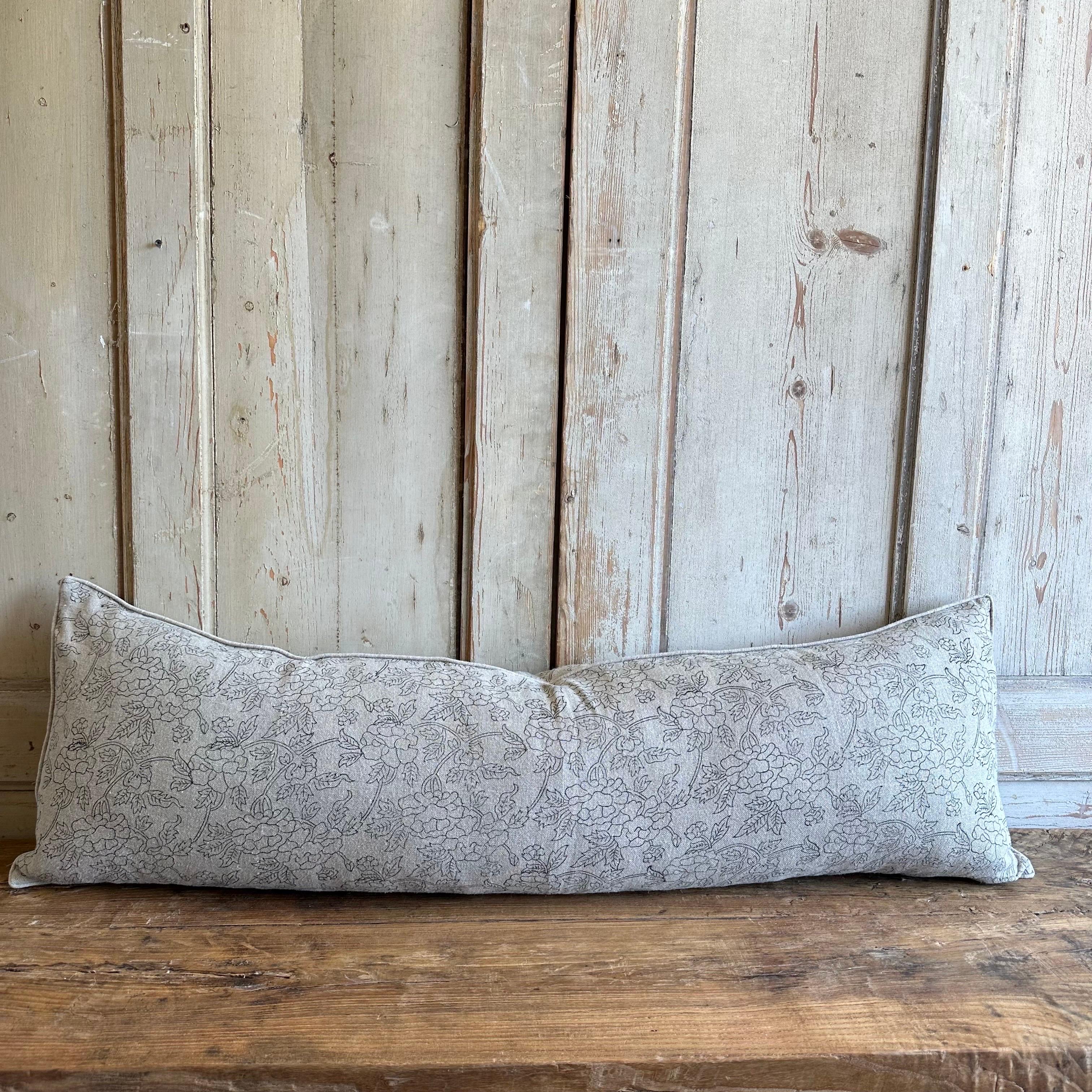 Custom Block Printed Natural Linen Lumbar Pillow Natural In New Condition For Sale In Brea, CA
