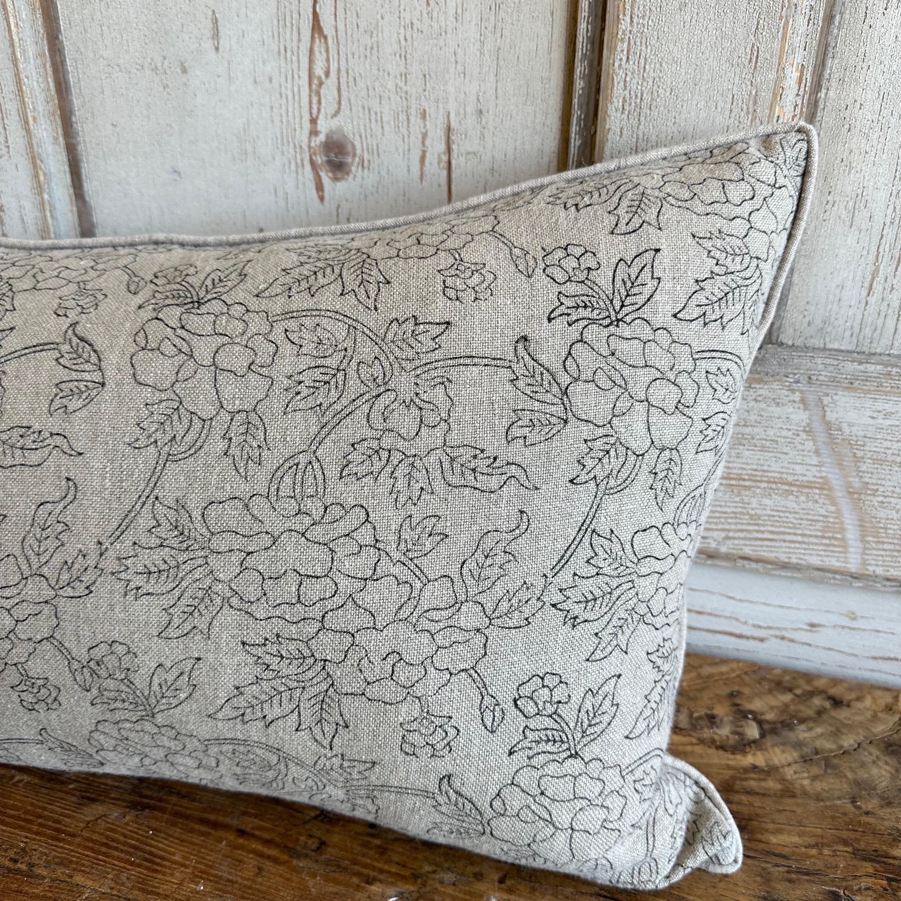 Contemporary Custom Block Printed Natural Linen Lumbar Pillow Natural For Sale