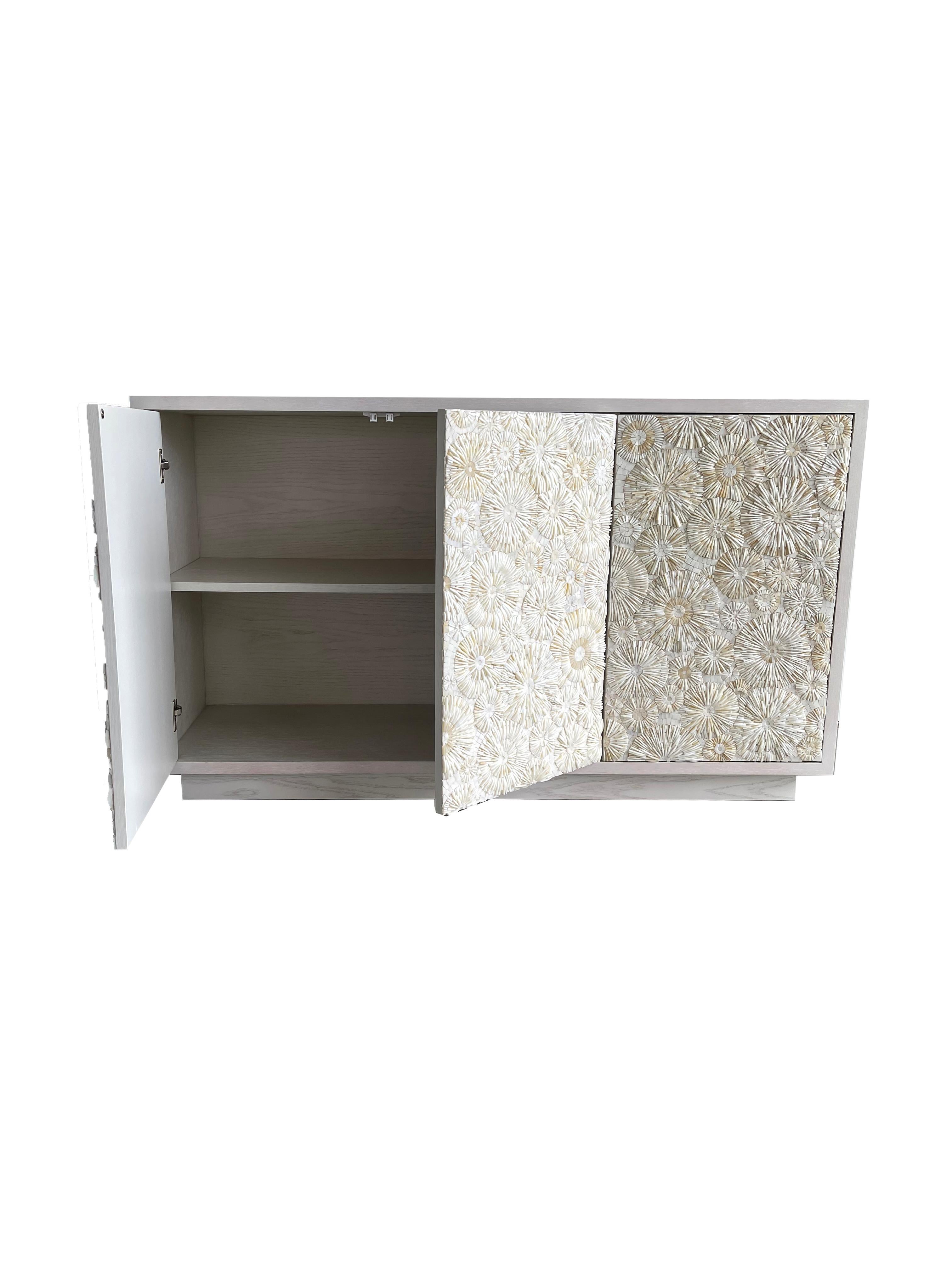 American Modern White Mosaic Blossom 3-Door Buffet with Ivory White Oak by Ercole Home For Sale