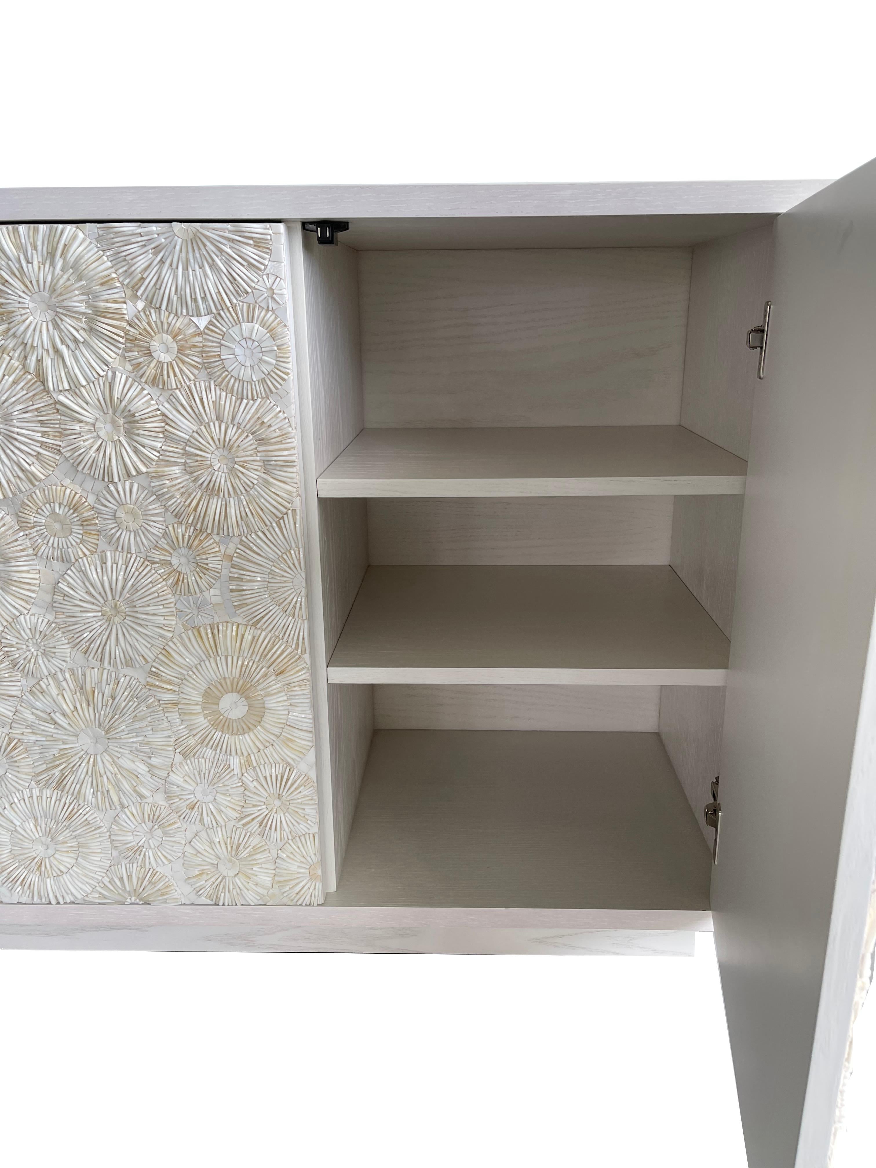 Modern White Mosaic Blossom 3-Door Buffet with Ivory White Oak by Ercole Home In New Condition For Sale In Brooklyn, NY