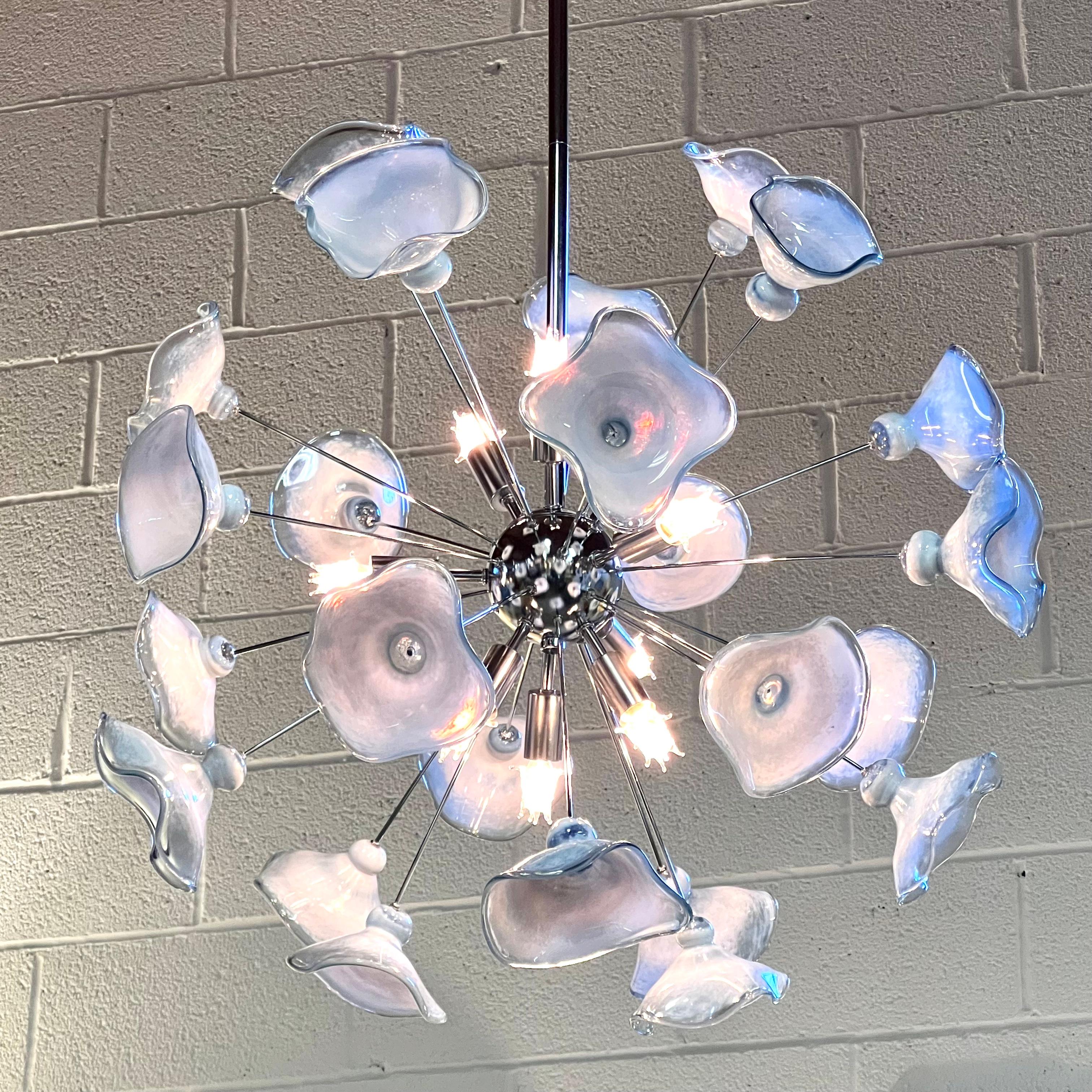 Stunning chrome sputnik chandelier with hand blown glass flowers. Fully customizable in the size/shape/color of your choice. Price is for model shown; please contact us to request a quote for custom specifications. 
27