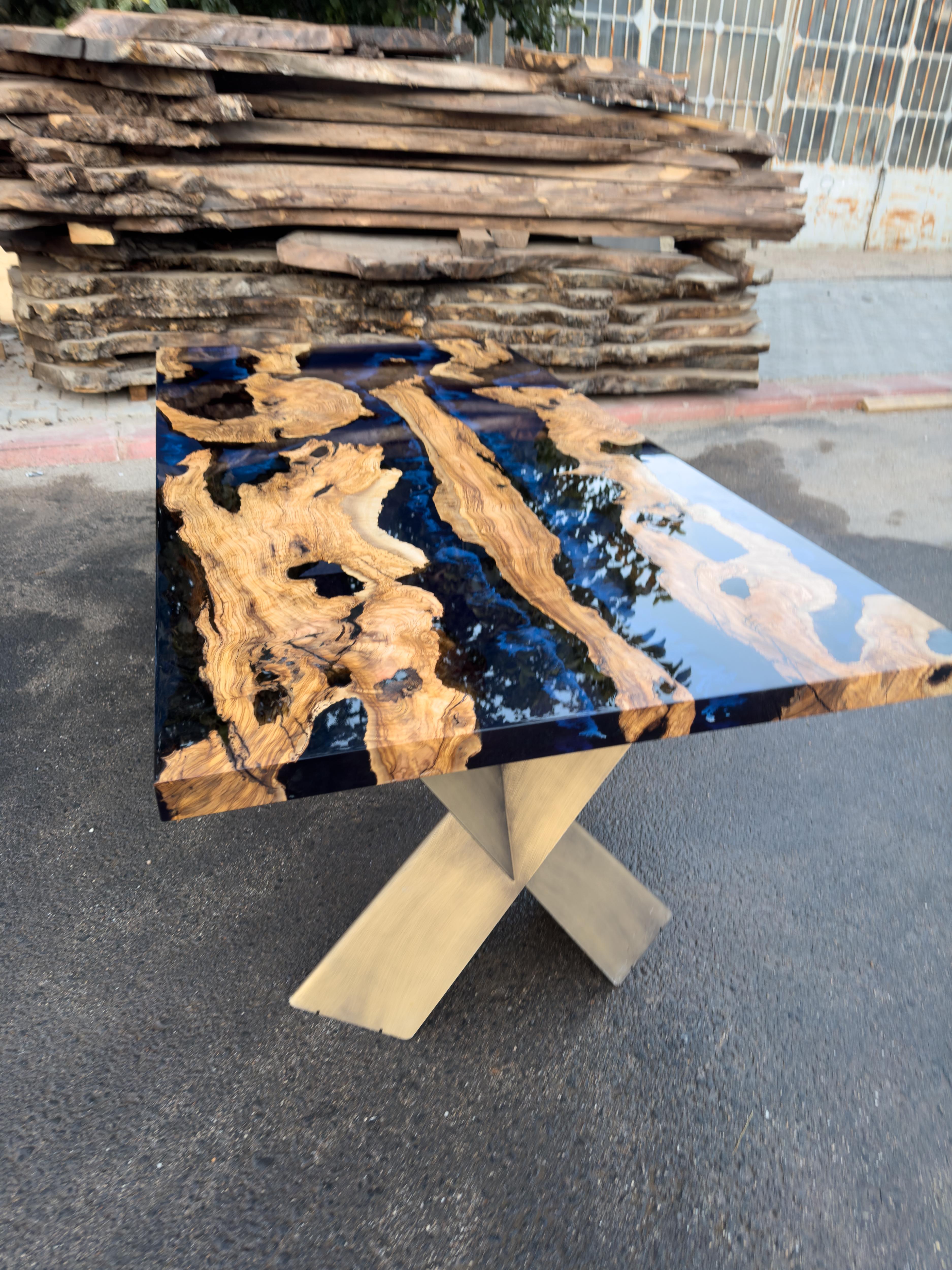 Contemporary Custom Blue Ancient Olive Wood Epoxy Resin River Dining Table  For Sale
