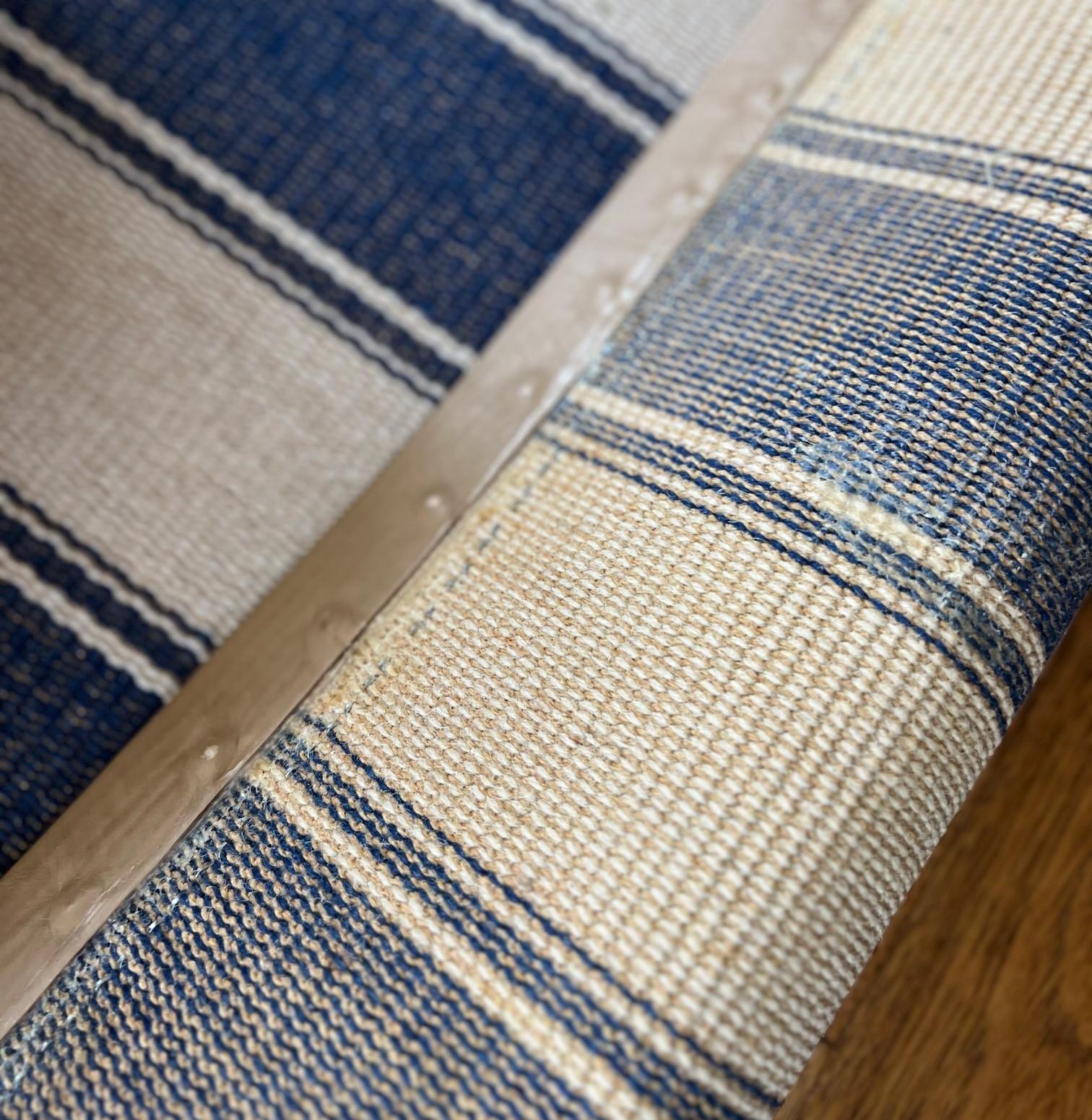 Custom Blue and Beige Striped Kilim Edged With Faux Leather and Brass Trim For Sale 3