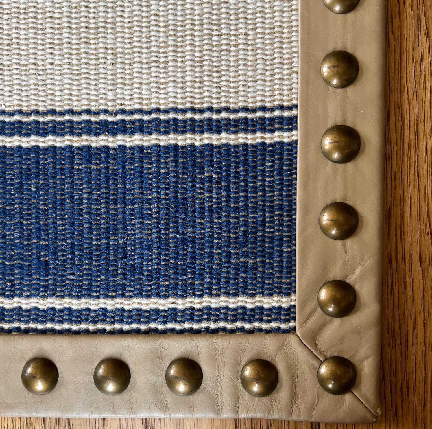 Modern Custom Blue and Beige Striped Kilim Edged With Faux Leather and Brass Trim For Sale
