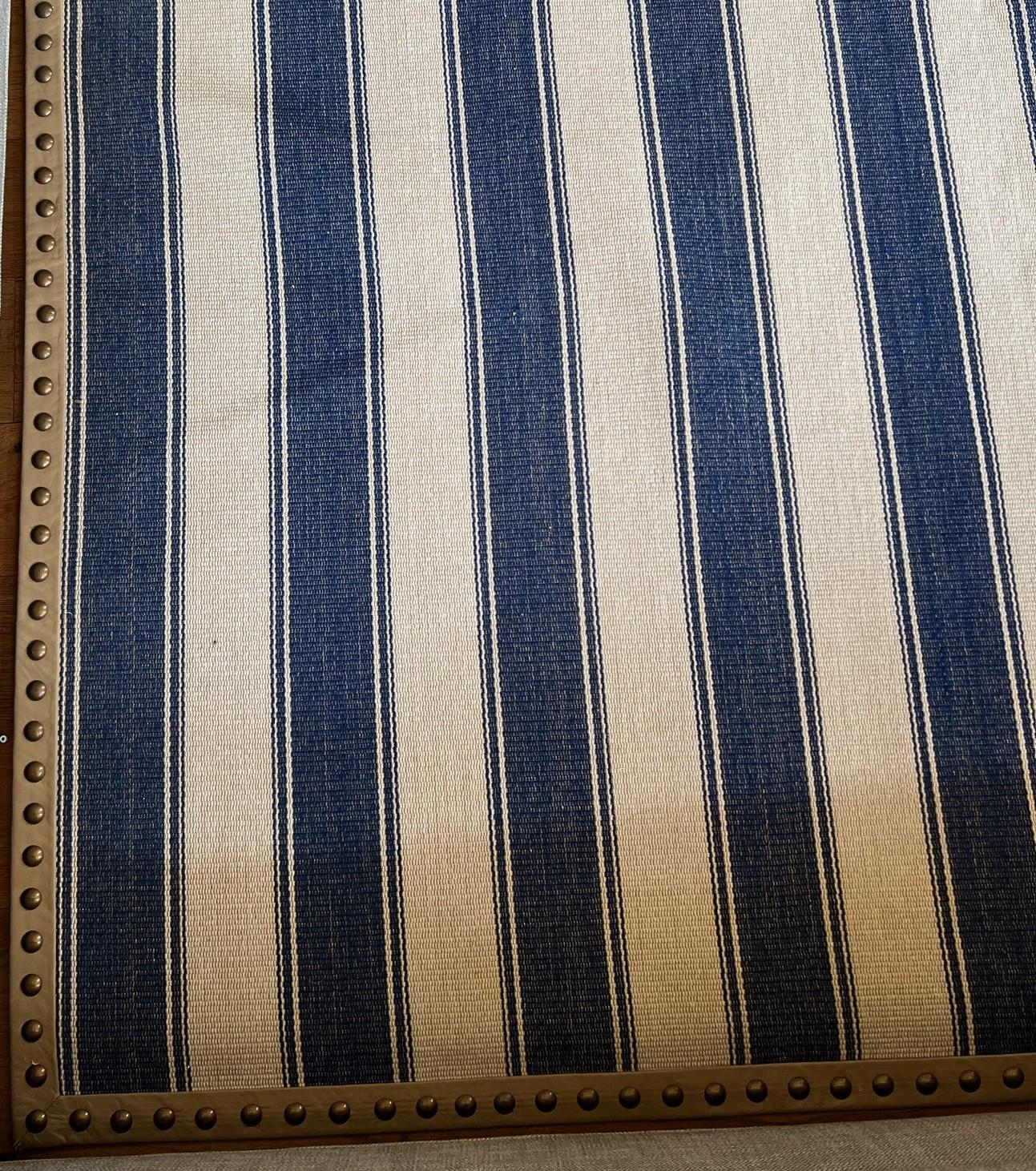 Custom Blue and Beige Striped Kilim Edged With Faux Leather and Brass Trim In Good Condition For Sale In Morristown, NJ