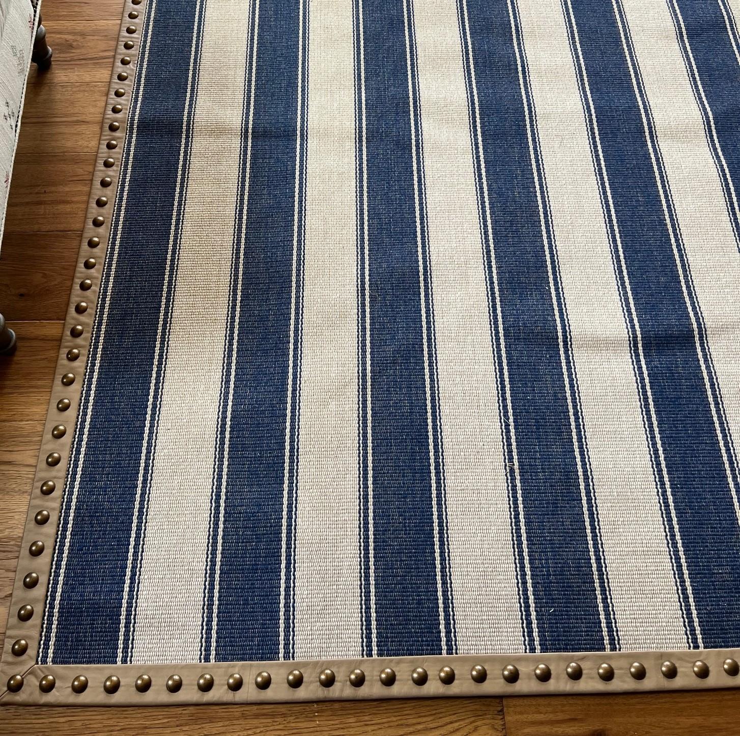 Contemporary Custom Blue and Beige Striped Kilim Edged With Faux Leather and Brass Trim For Sale