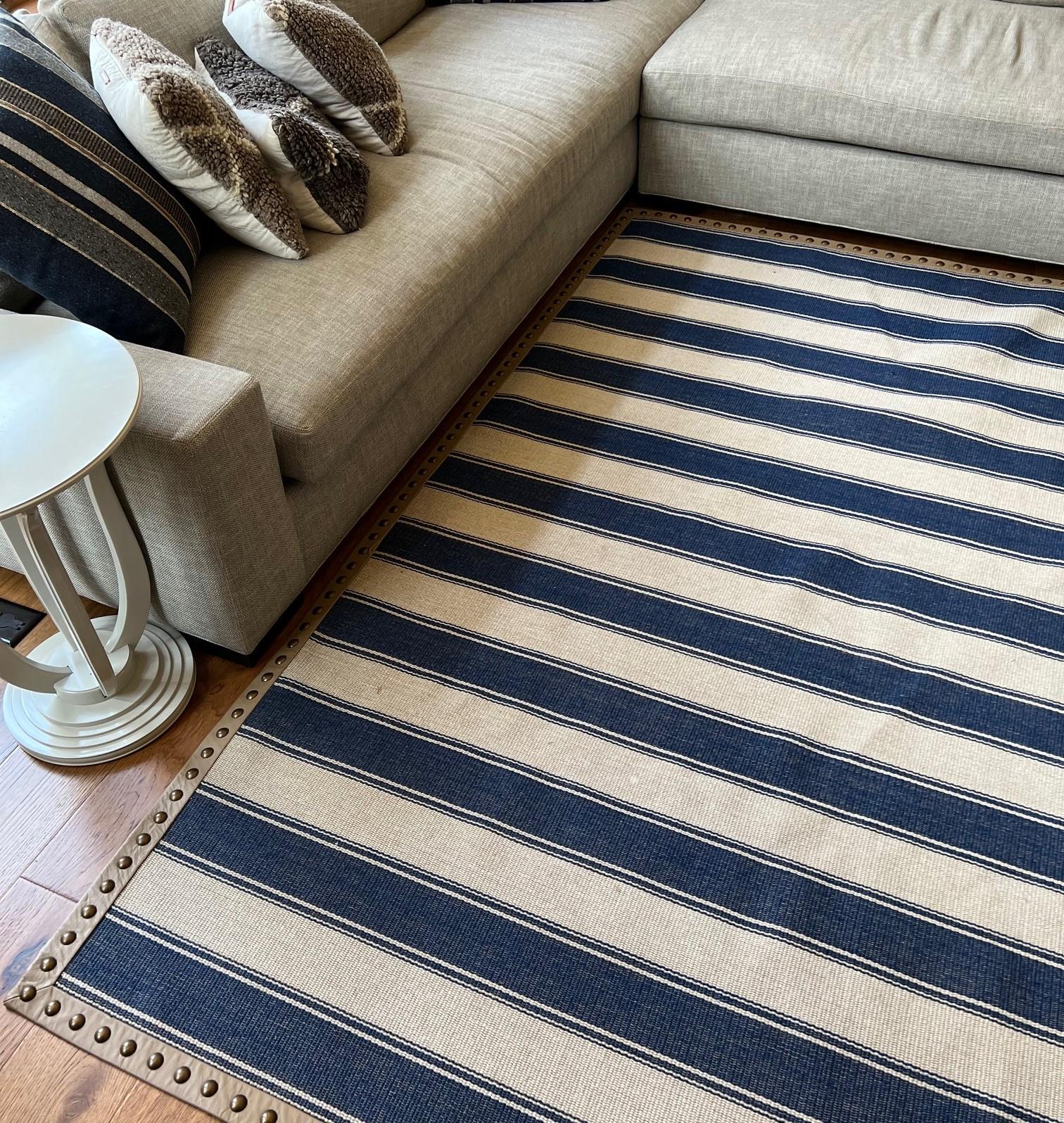 Custom Blue and Beige Striped Kilim Edged With Faux Leather and Brass Trim For Sale 1