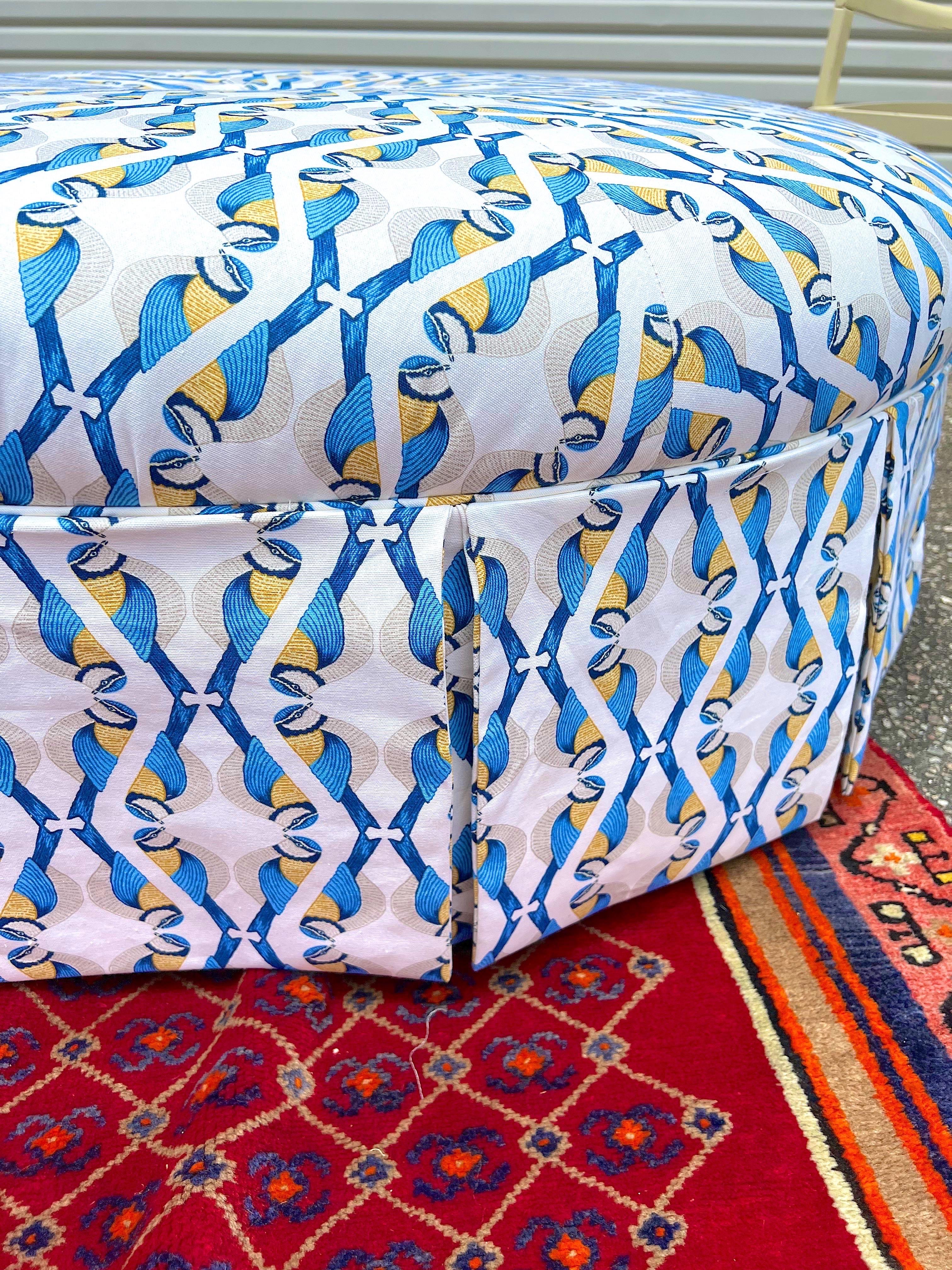 Art Nouveau Custom Blue and White Round Coffee Table Ottoman With Pleated Skirt