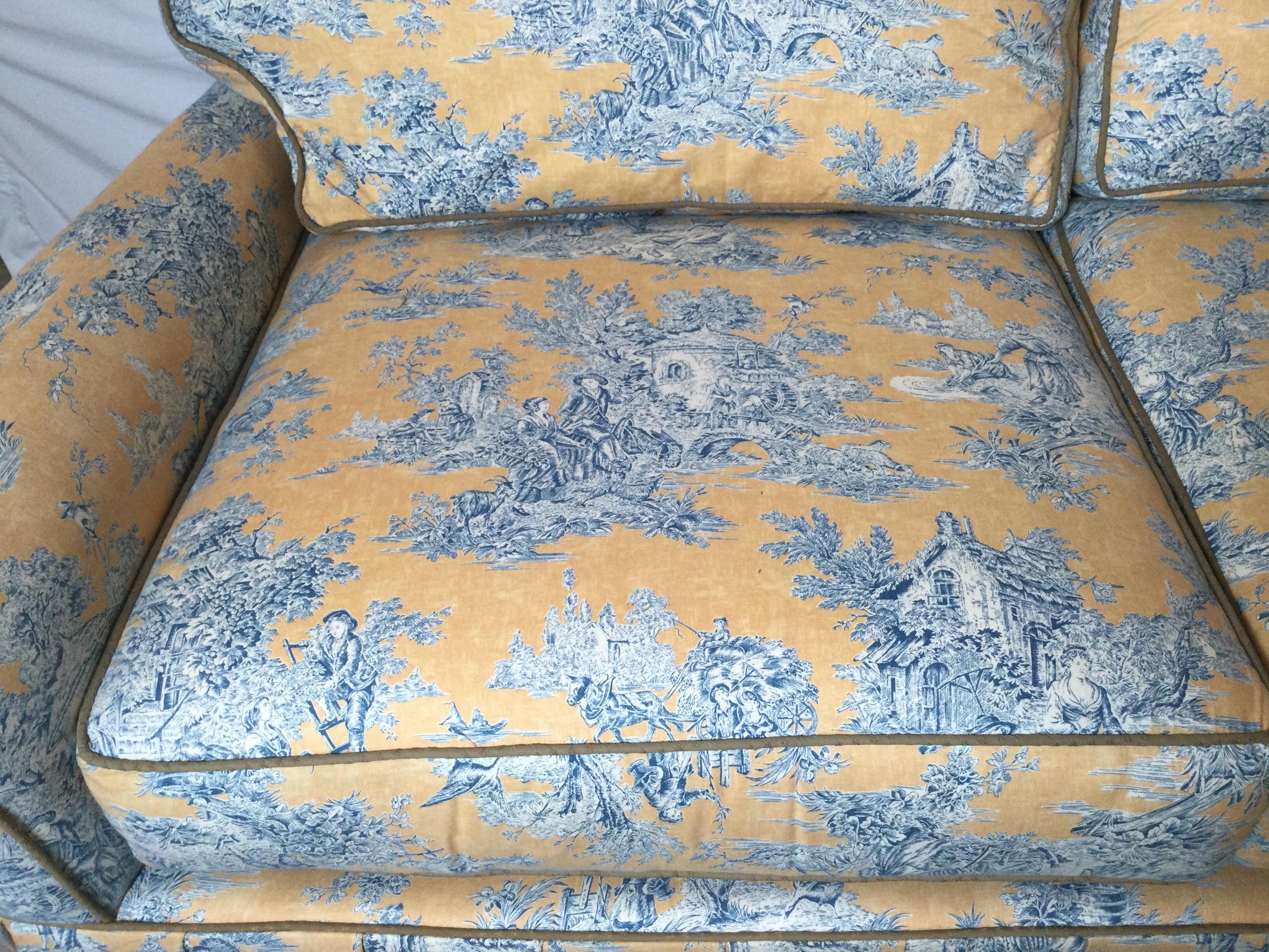 American Custom Blue and Yellow Toile Upholstered Sofa