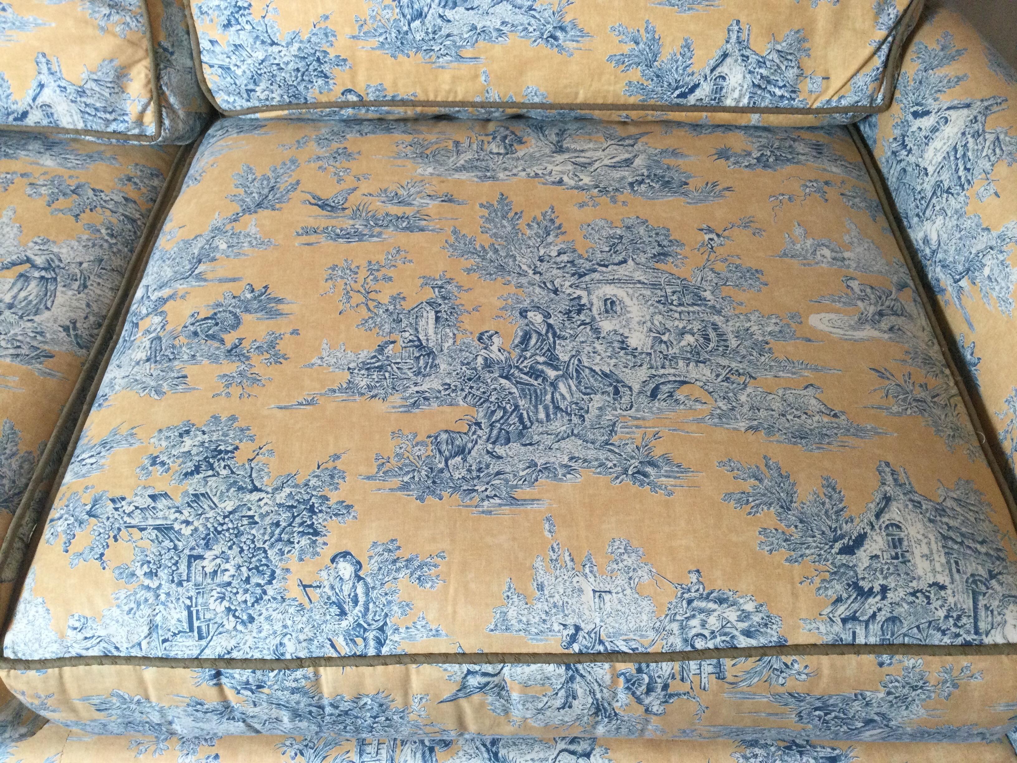 Custom Blue and Yellow Toile Upholstered Sofa In Excellent Condition In Lambertville, NJ