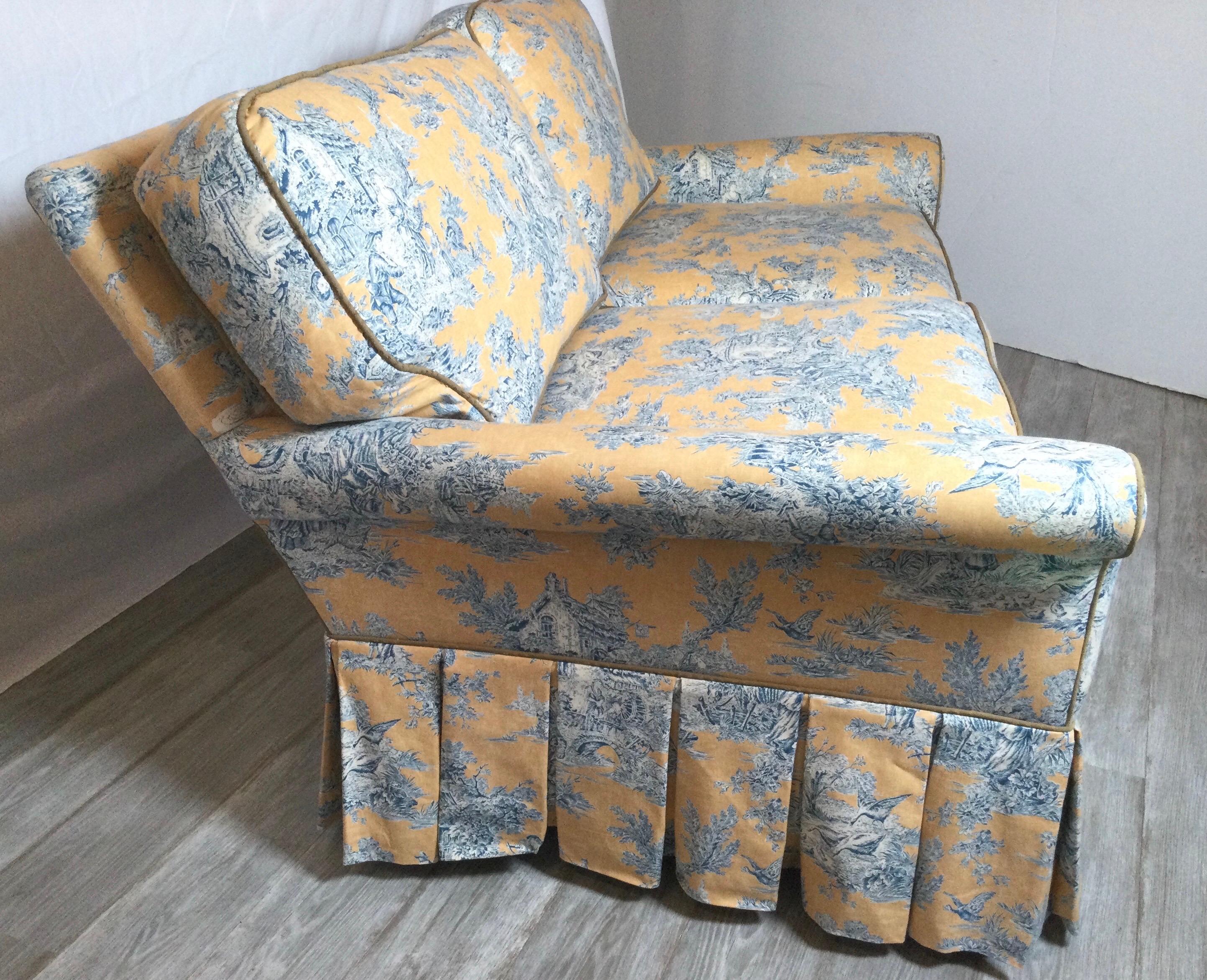 20th Century Custom Blue and Yellow Toile Upholstered Sofa