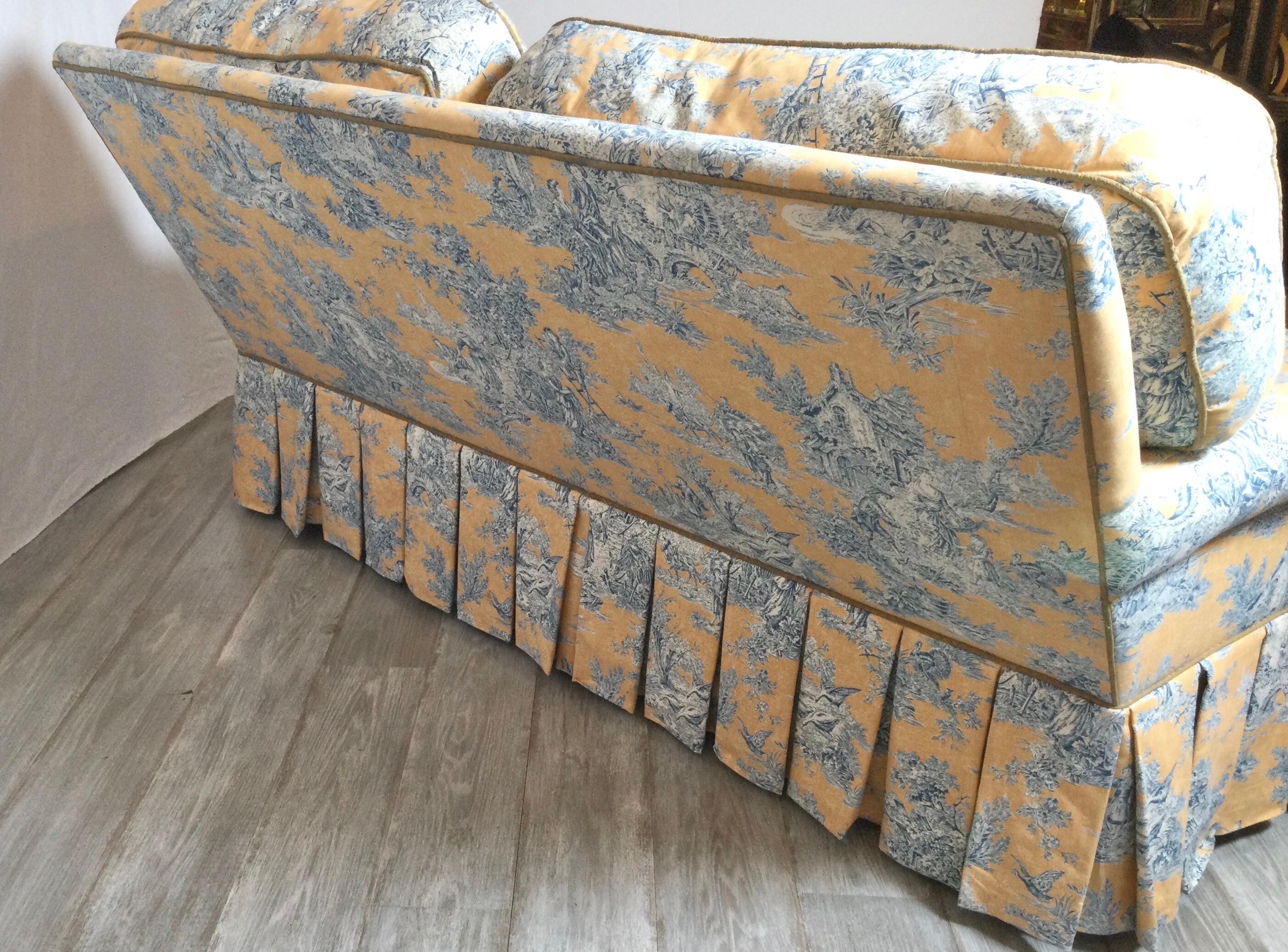 Metal Custom Blue and Yellow Toile Upholstered Sofa