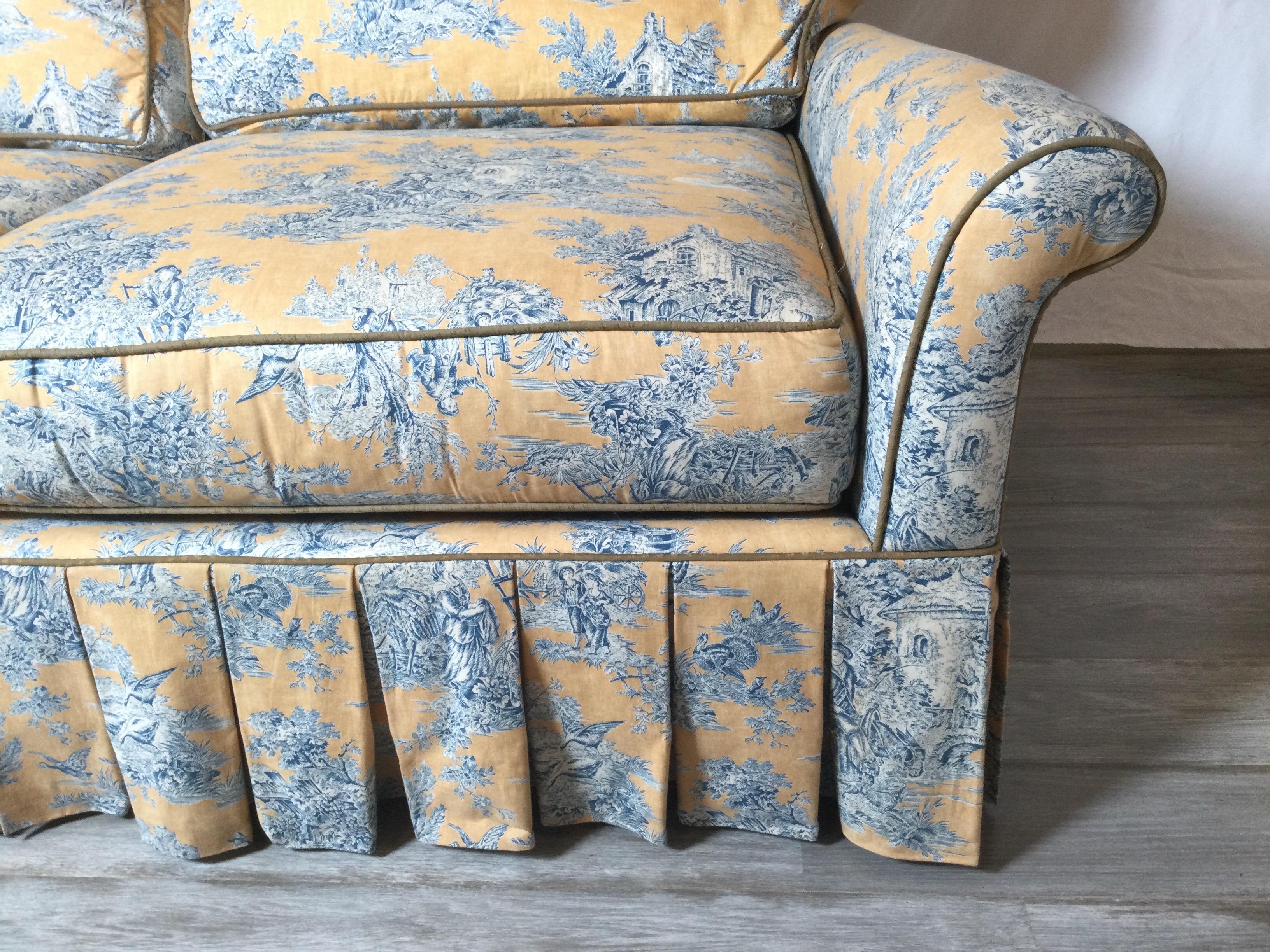 Custom Blue and Yellow Toile Upholstered Sofa 1