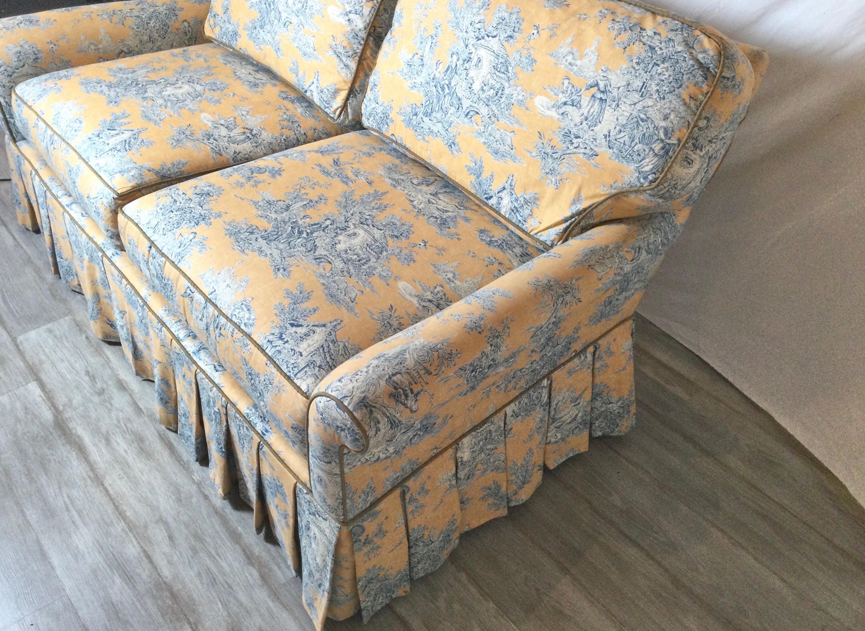 Custom Blue and Yellow Toile Upholstered Sofa 2