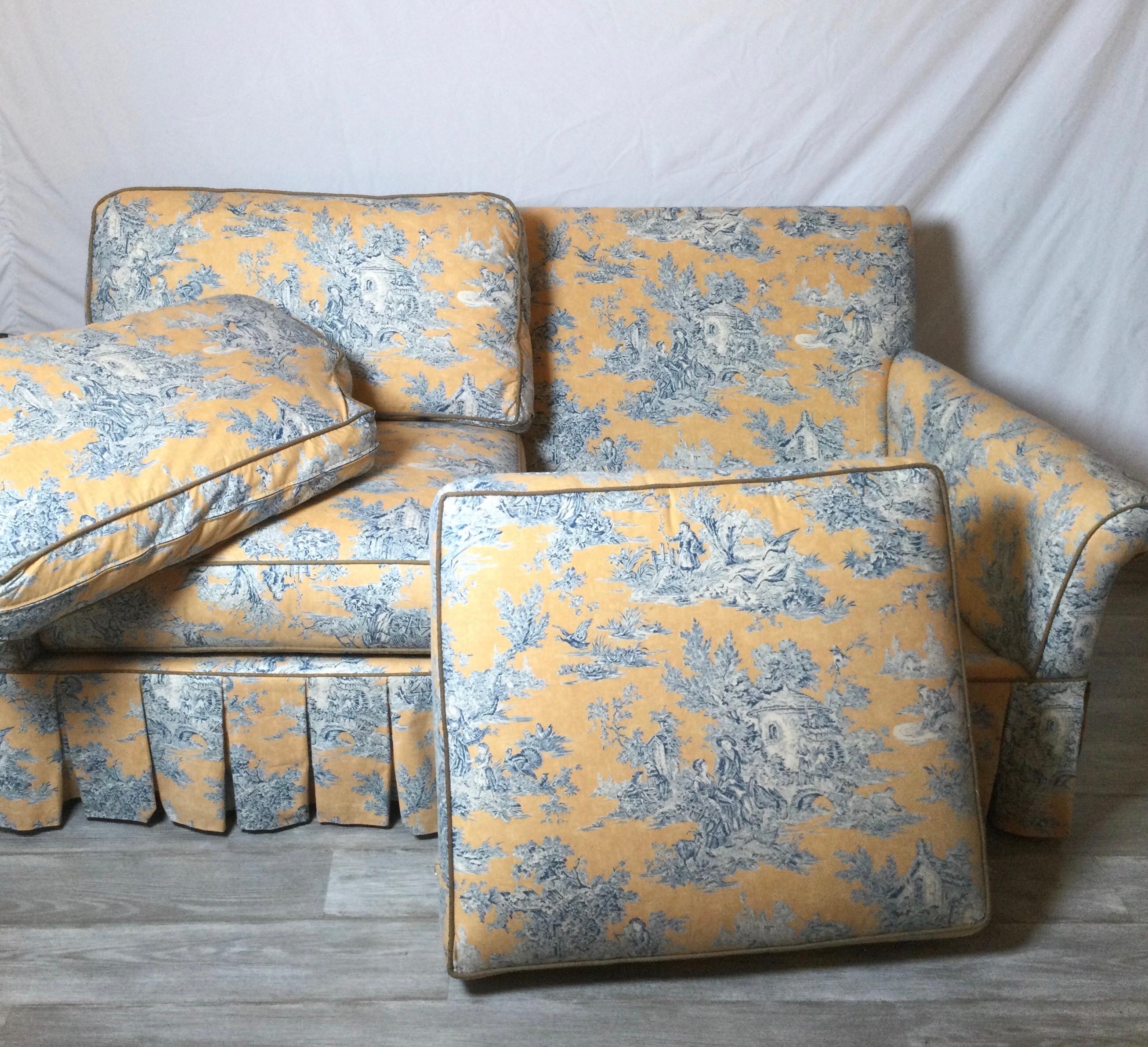Custom Blue and Yellow Toile Upholstered Sofa 3