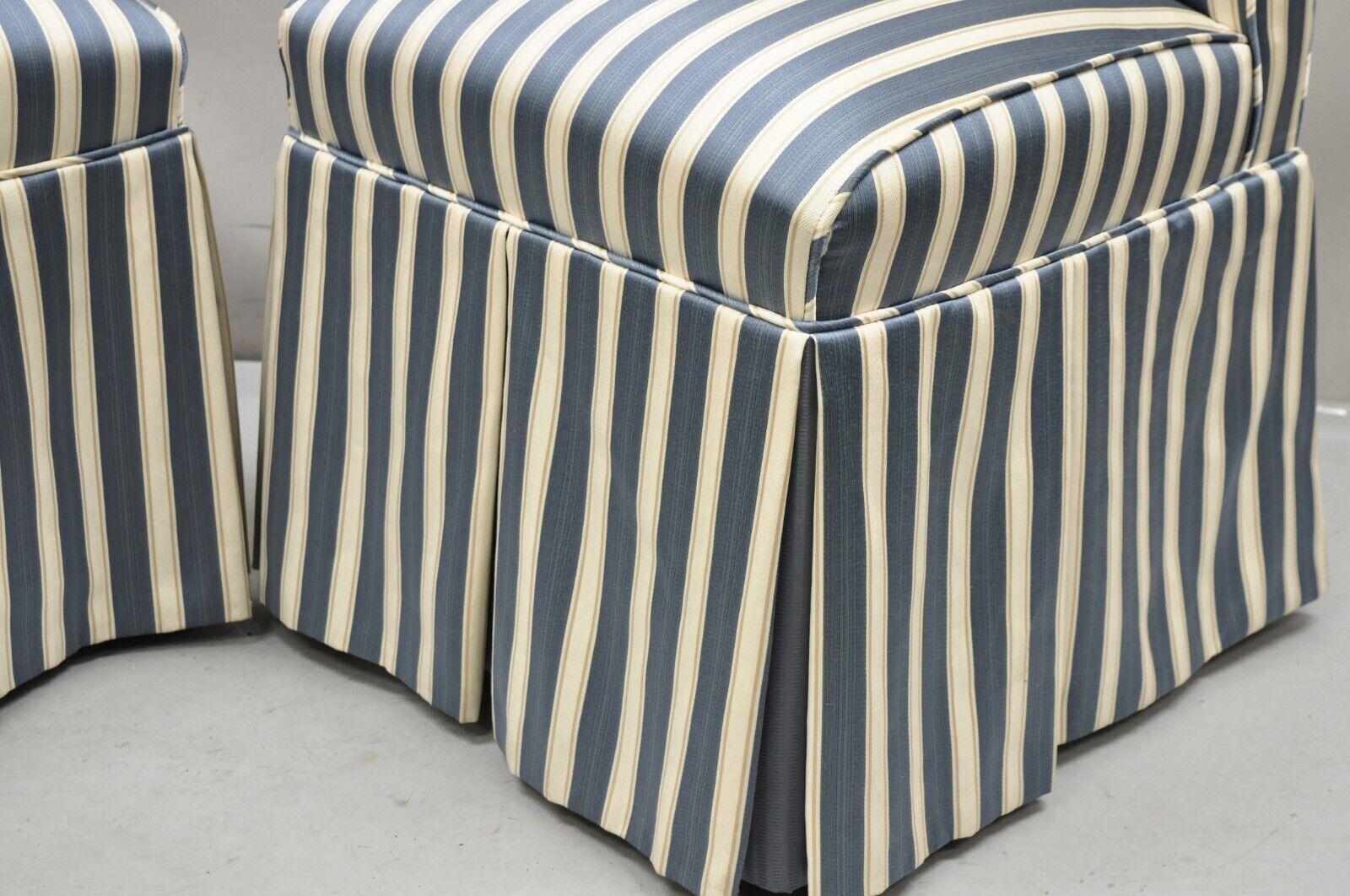 Custom Blue & Cream Striped Parsons Dining Chairs w/ Button Backs - Set of 6 For Sale 1