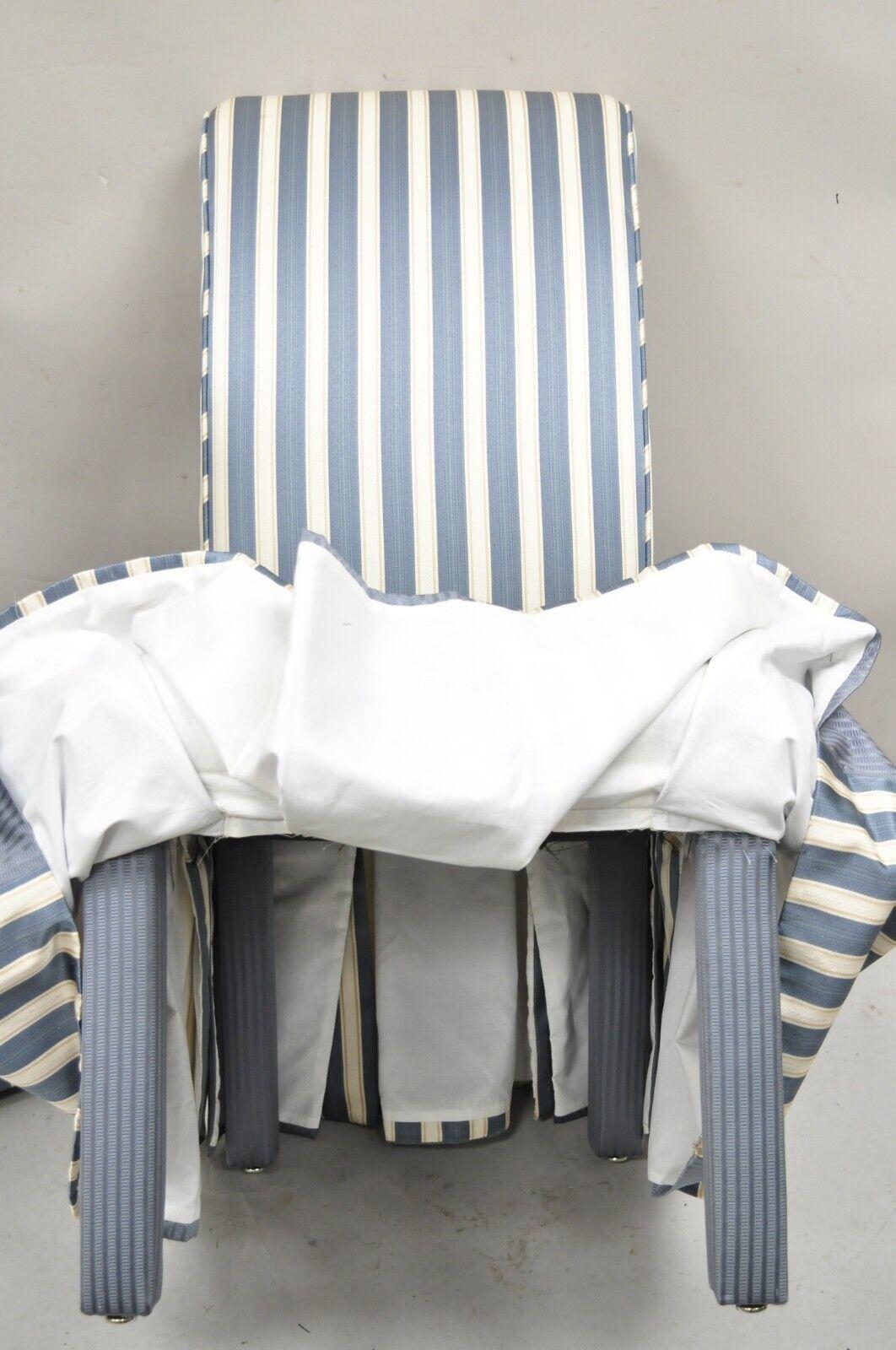Custom Blue & Cream Striped Parsons Dining Chairs w/ Button Backs - Set of 6 For Sale 2