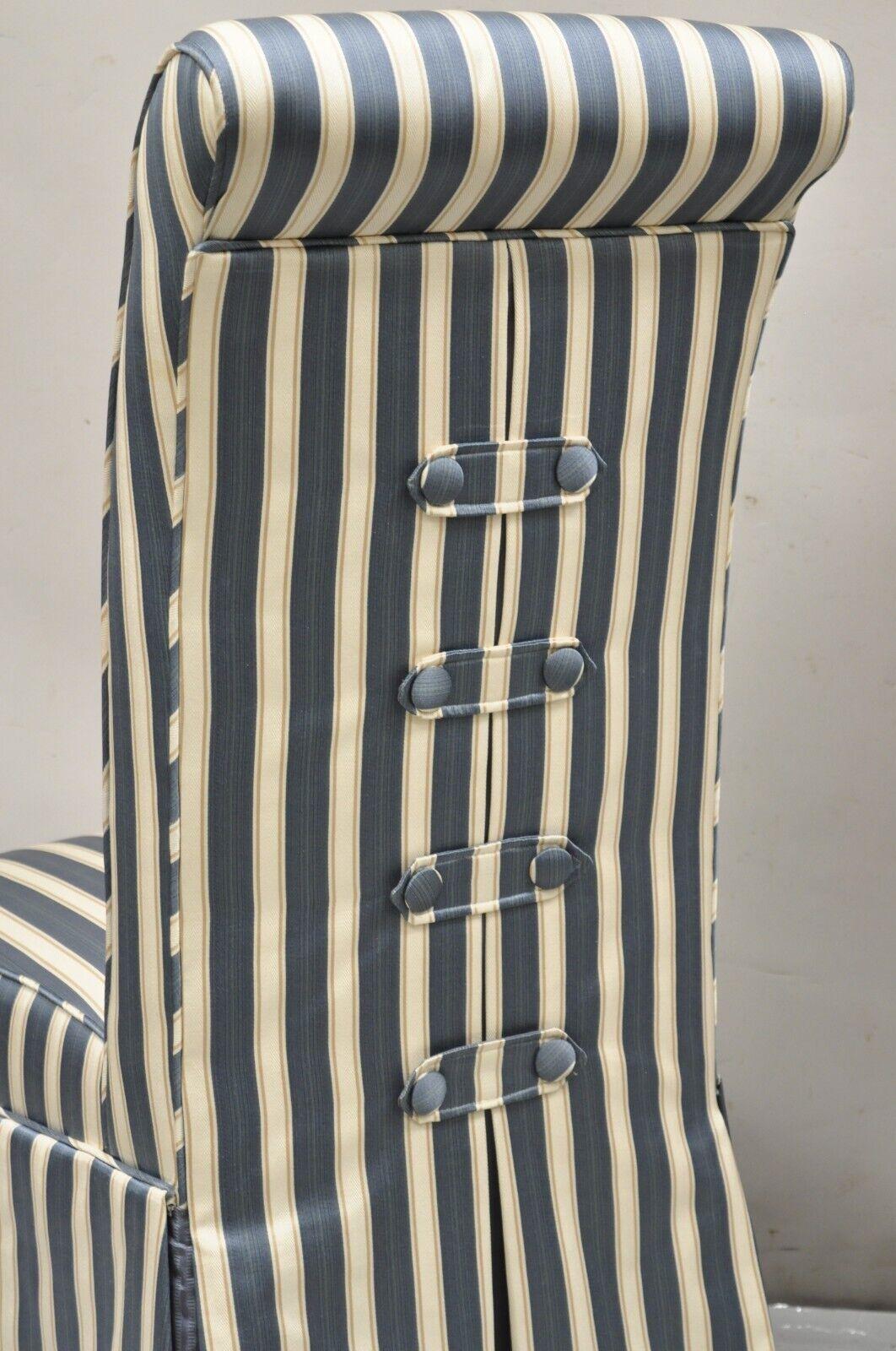 Hollywood Regency Custom Blue & Cream Striped Parsons Dining Chairs w/ Button Backs - Set of 6 For Sale