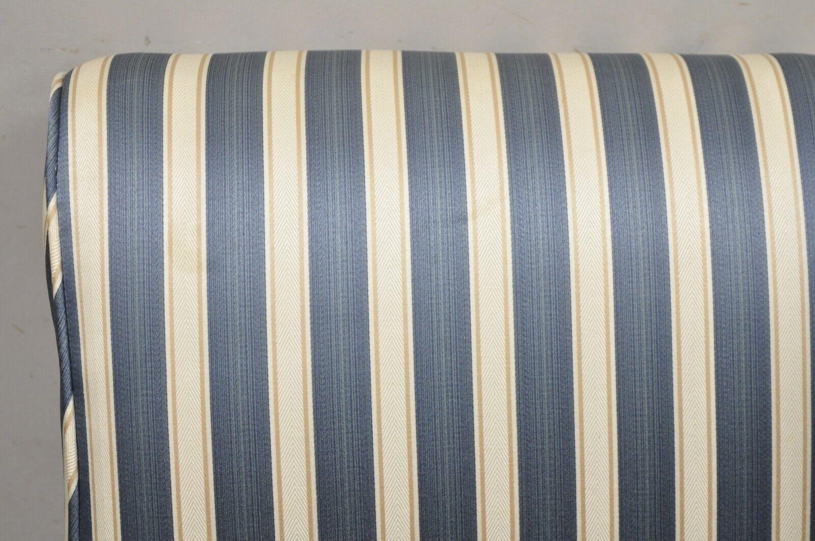 Fabric Custom Blue & Cream Striped Parsons Dining Chairs w/ Button Backs - Set of 6 For Sale