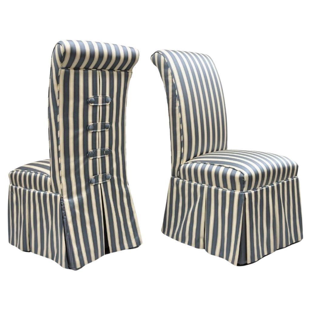 Custom Blue & Cream Striped Parsons Dining Chairs w/ Button Backs - Set of 6 For Sale