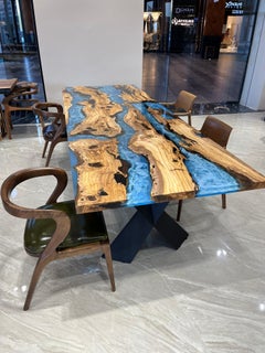 Live Edge Dining Table with a Custom "Oceanic" Blue Epoxy River - New & Custom