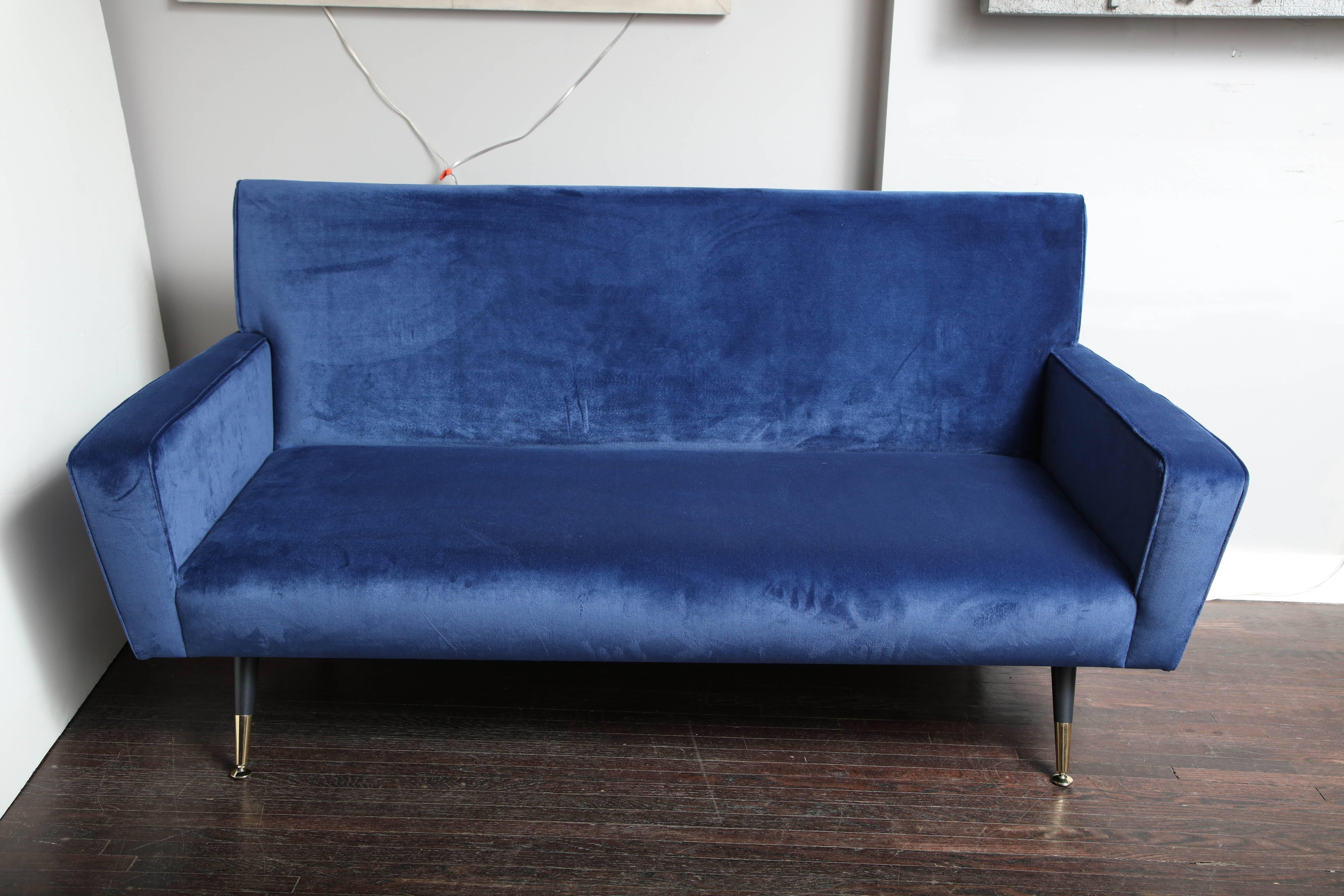 Custom blue velvet settee. Customization is available in different sizes and fabrics (COF).