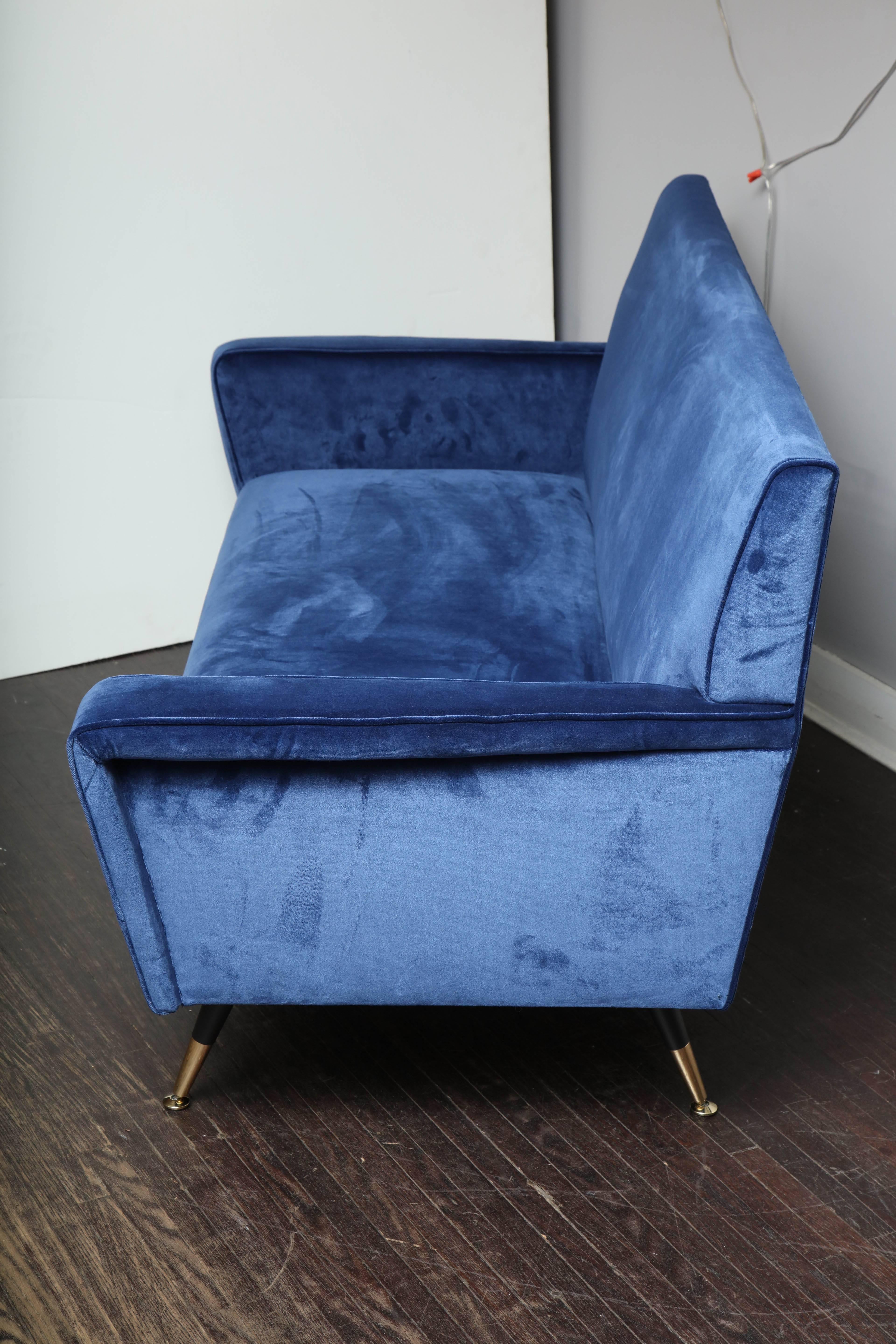 Mid-Century Modern Custom Blue Velvet Settee