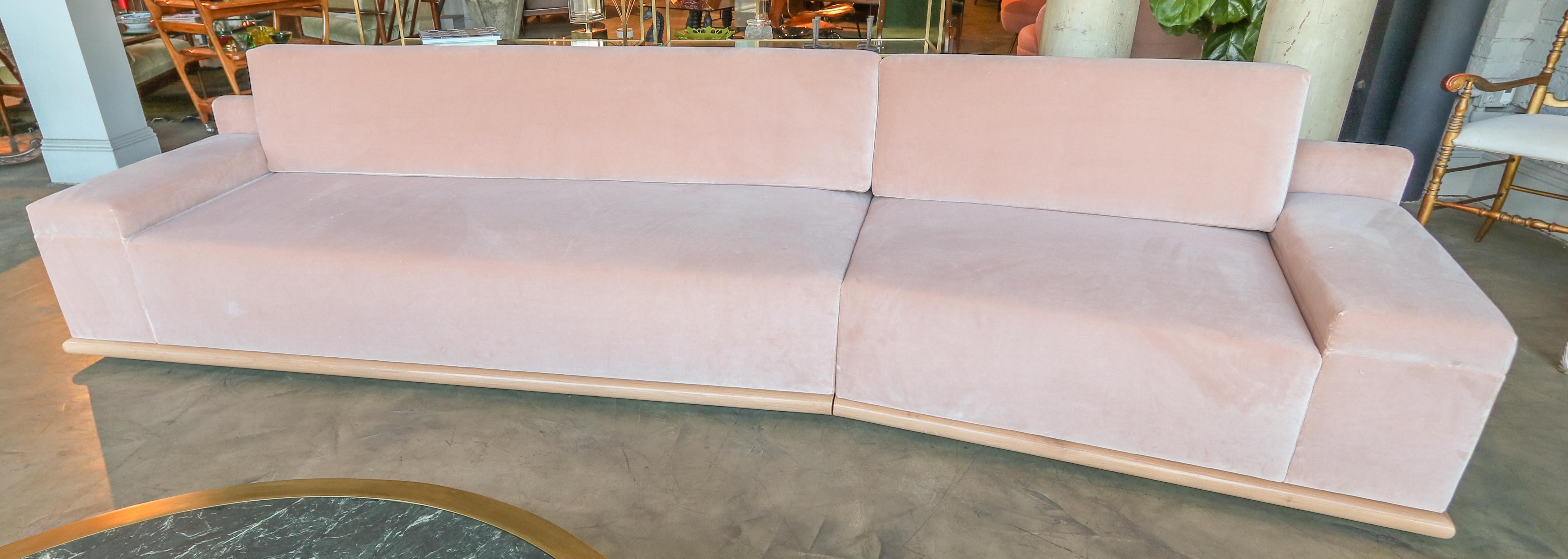 Custom Blush Pink Velvet Sectional Sofa with Maple Wood Base by Adesso Imports For Sale 1