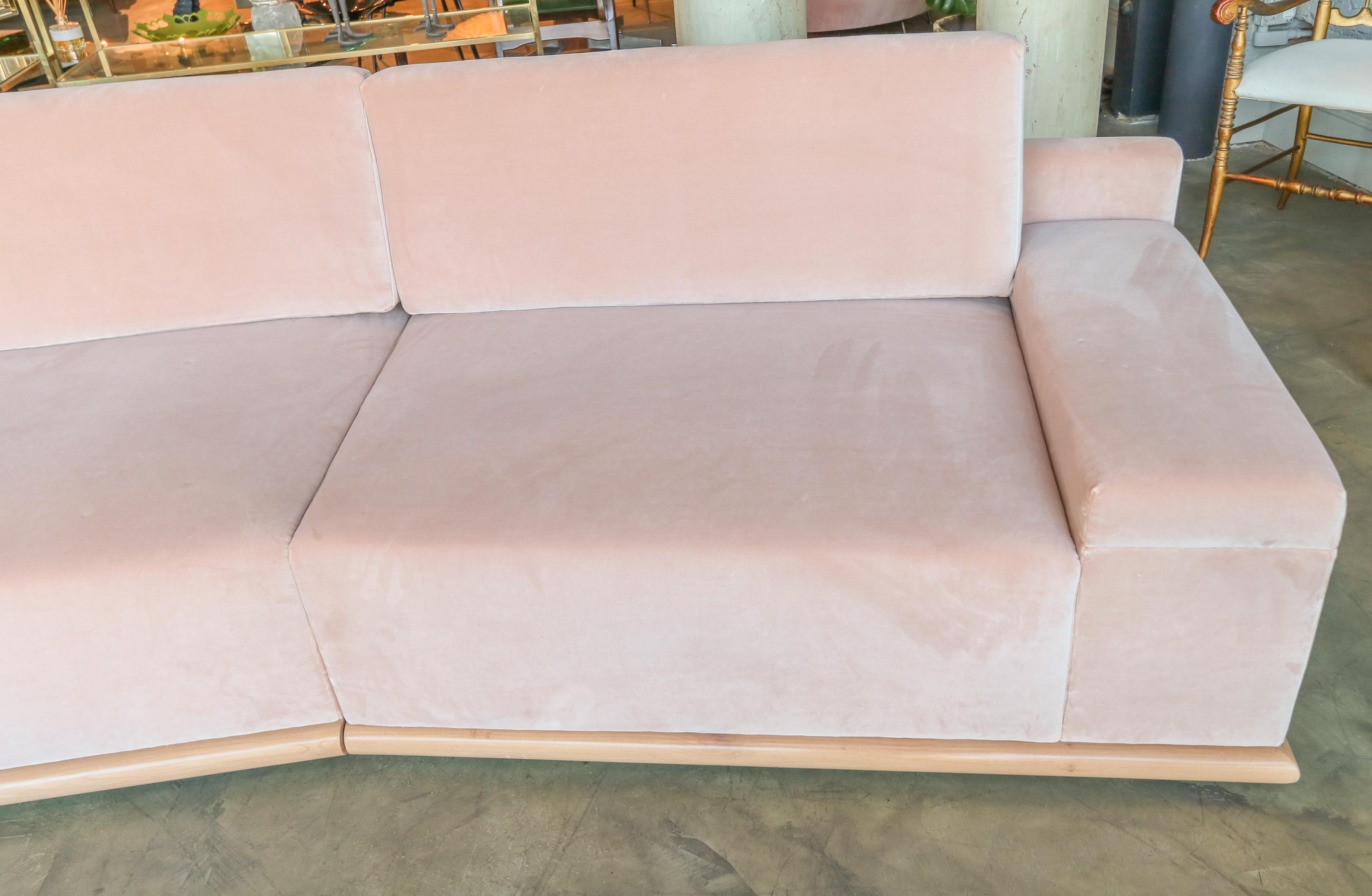 Custom Blush Pink Velvet Sectional Sofa with Maple Wood Base by Adesso Imports For Sale 2