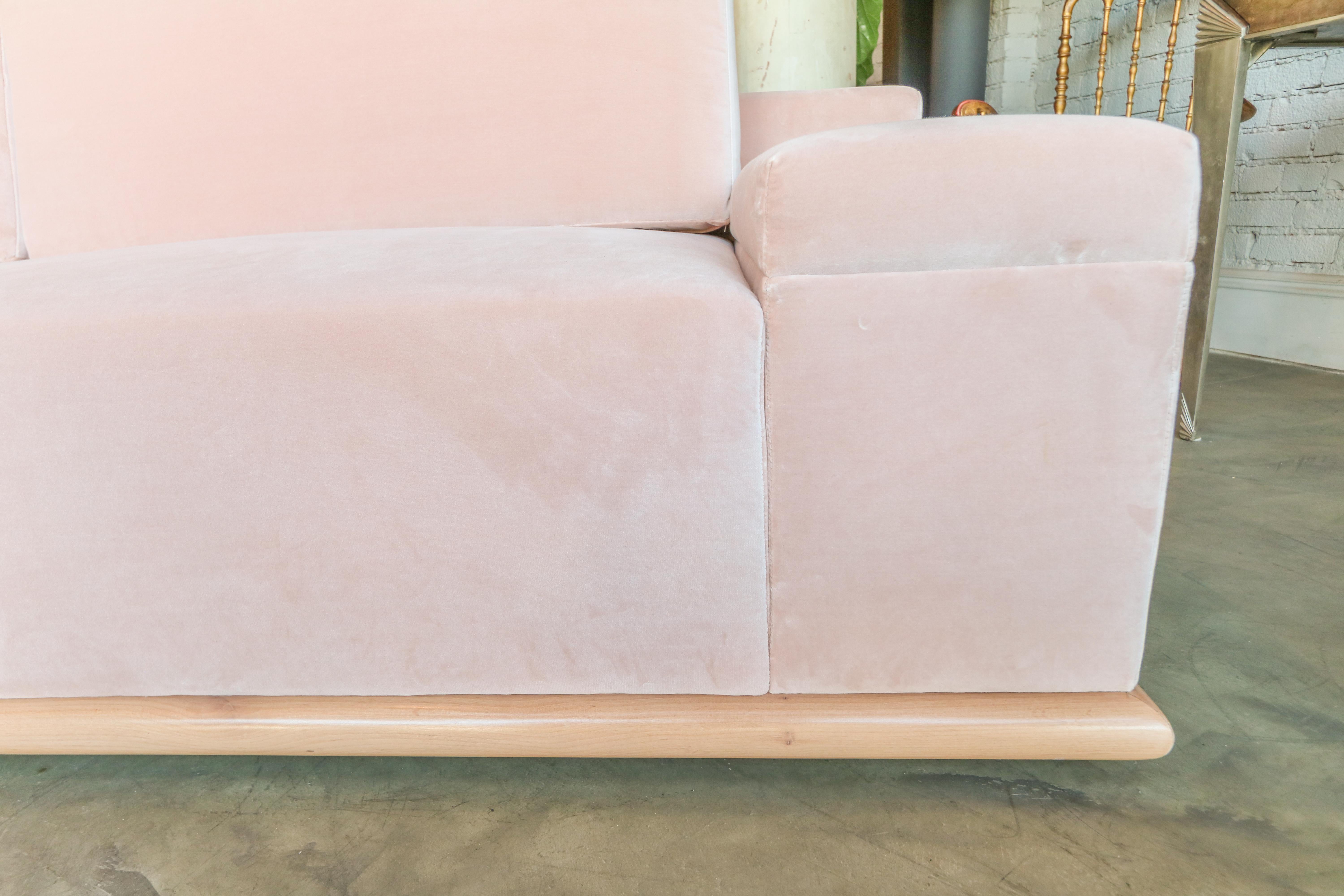 Custom Blush Pink Velvet Sectional Sofa with Maple Wood Base by Adesso Imports For Sale 3