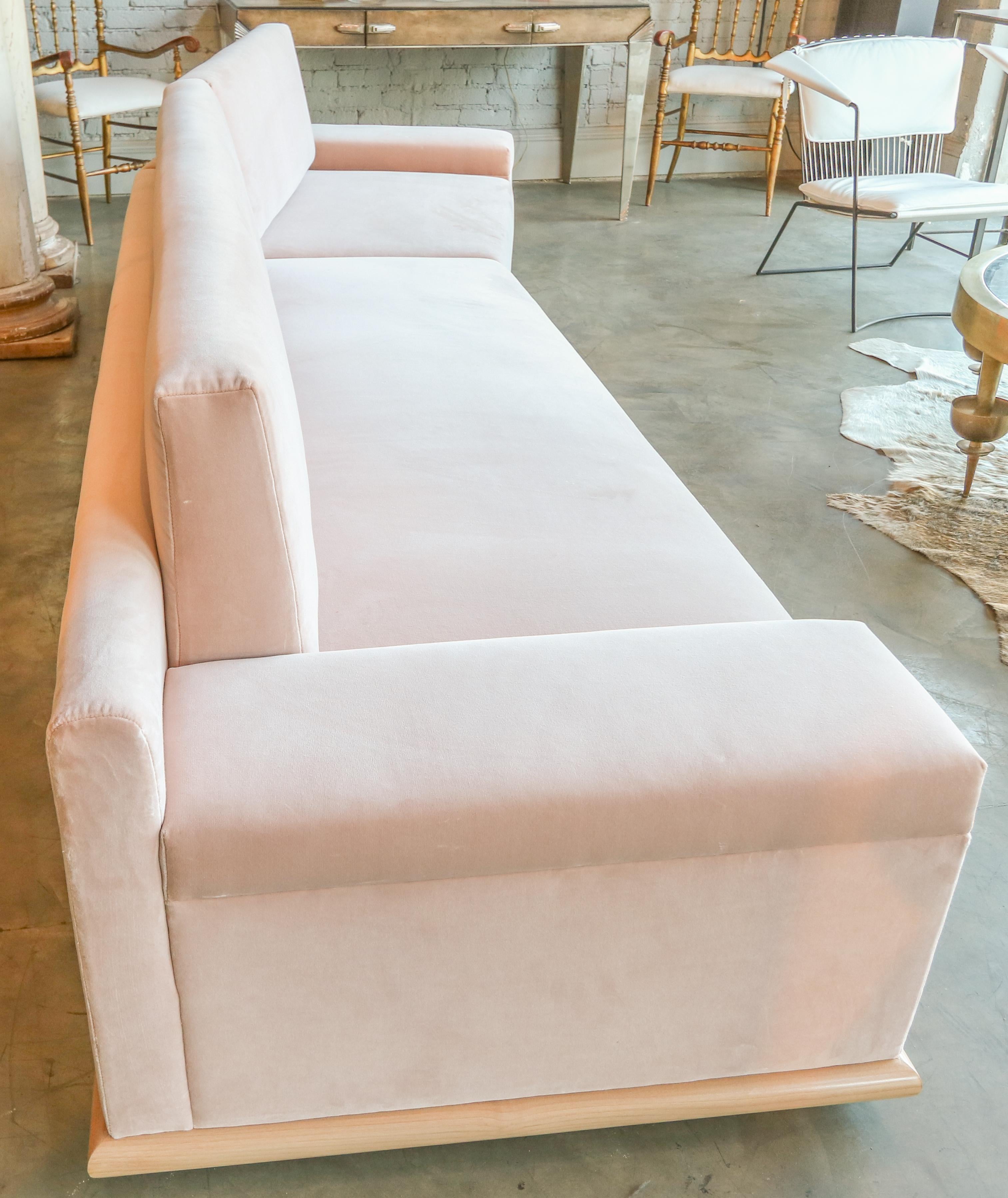 Mid-Century Modern Custom Blush Pink Velvet Sectional Sofa with Maple Wood Base by Adesso Imports For Sale