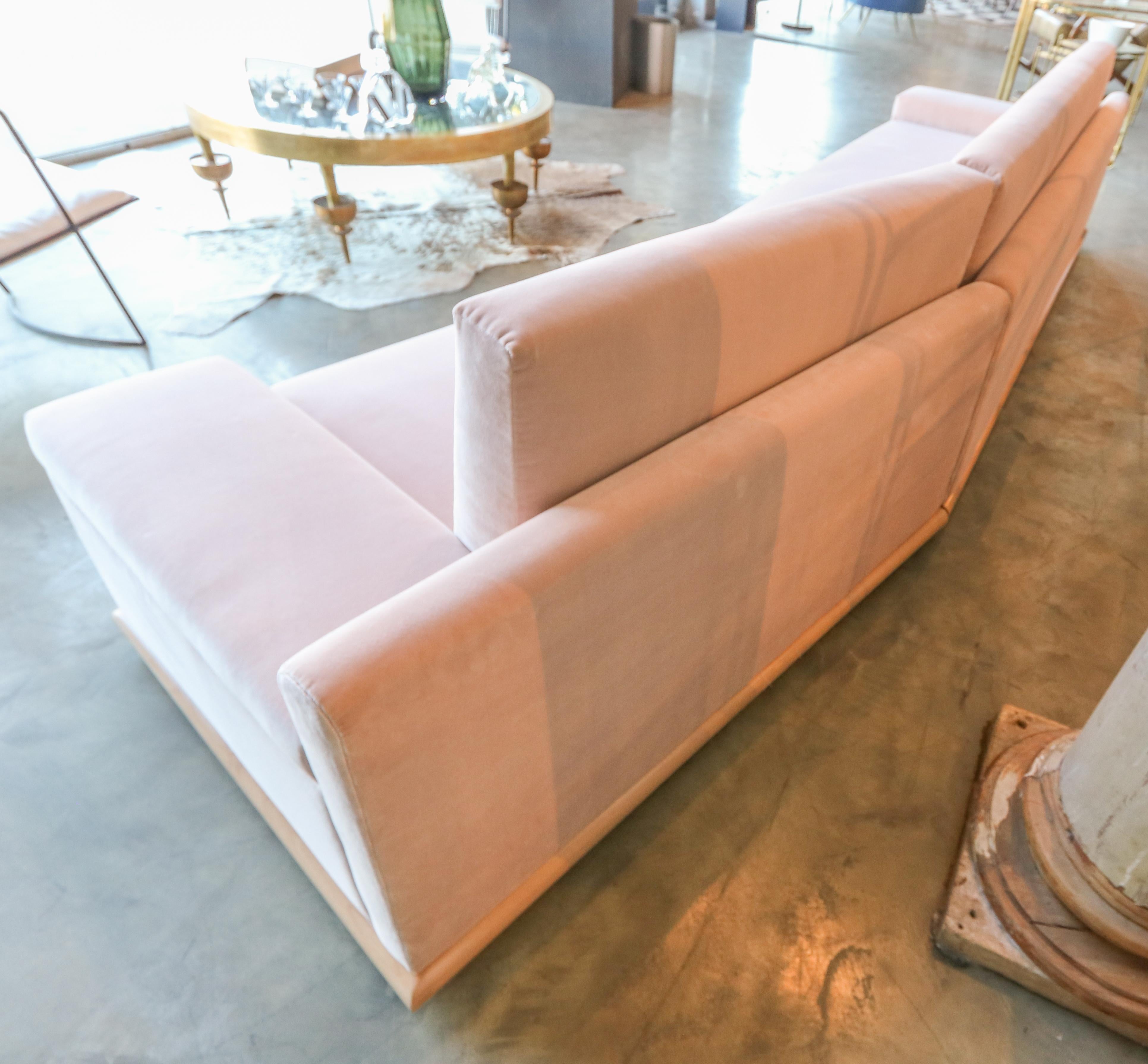 American Custom Blush Pink Velvet Sectional Sofa with Maple Wood Base by Adesso Imports For Sale