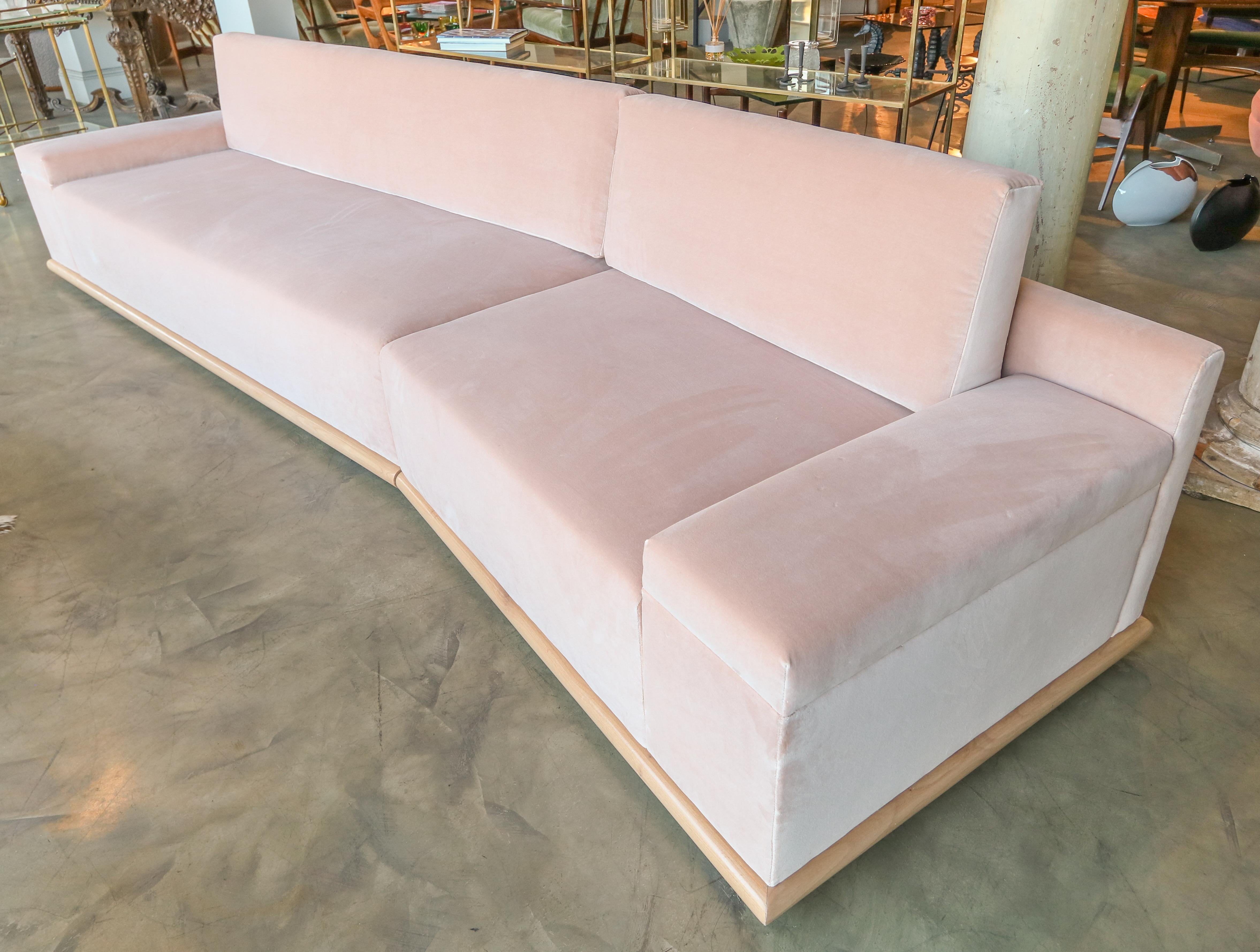 Custom Blush Pink Velvet Sectional Sofa with Maple Wood Base by Adesso Imports In New Condition For Sale In Los Angeles, CA