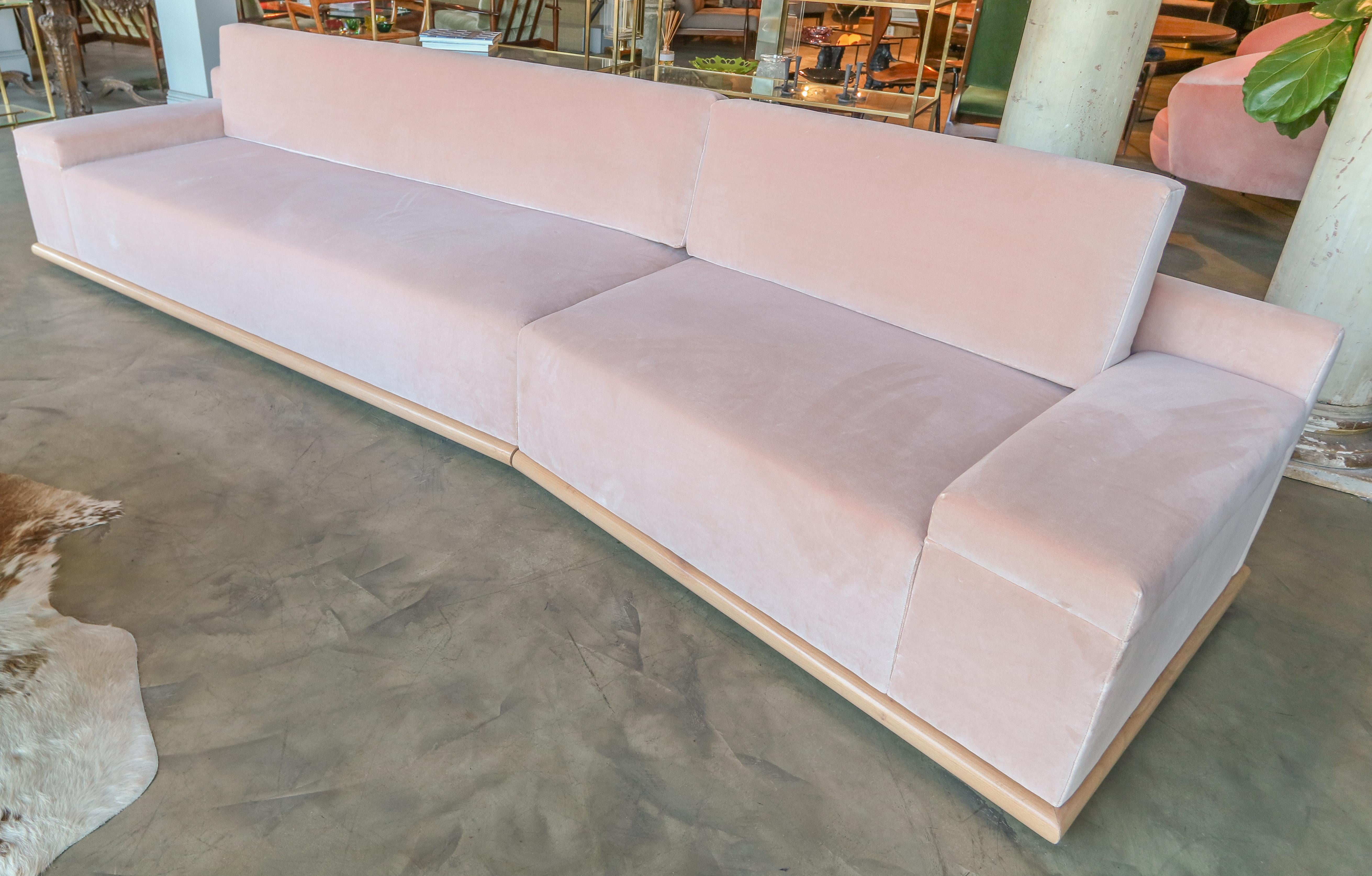 Contemporary Custom Blush Pink Velvet Sectional Sofa with Maple Wood Base by Adesso Imports For Sale