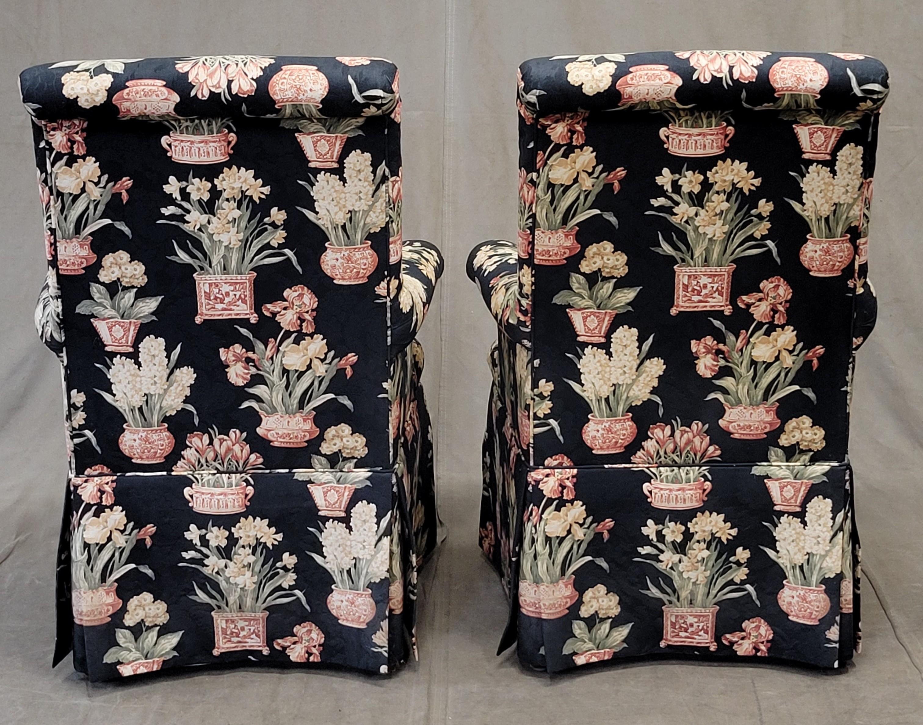 Custom Botanical Calico Corner Chinoiserie Petite Armchairs - a Pair For Sale 3